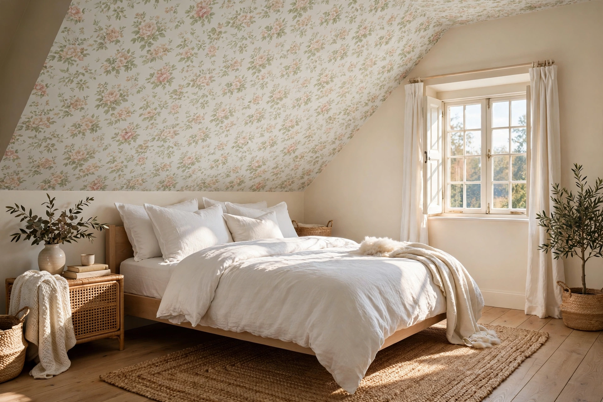 Attic bedroom design with subtle floral wallpaper on the sloped ceiling