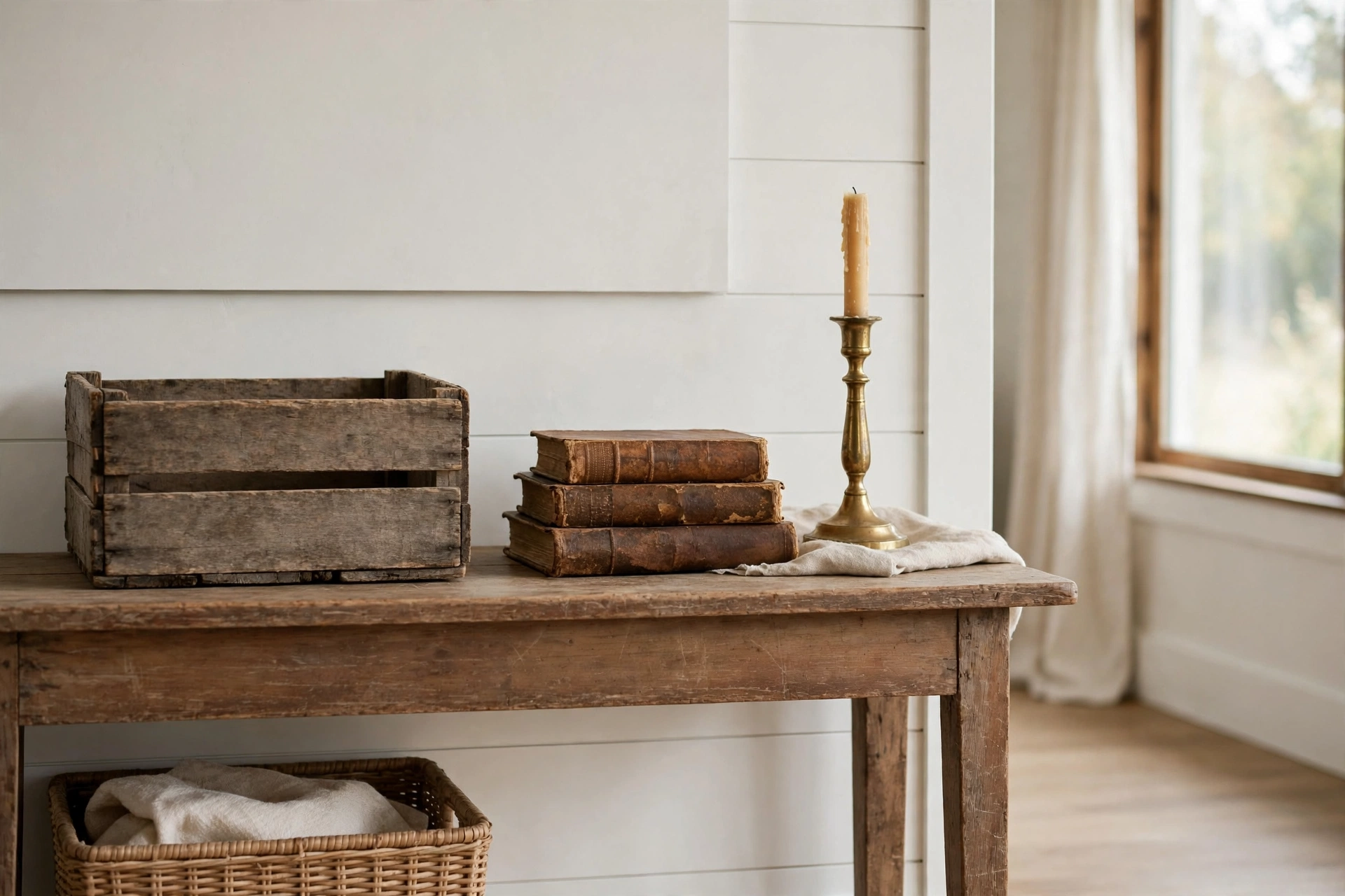 Antique thrifted finds styled on a farmhouse console table: crate, books, candlestick