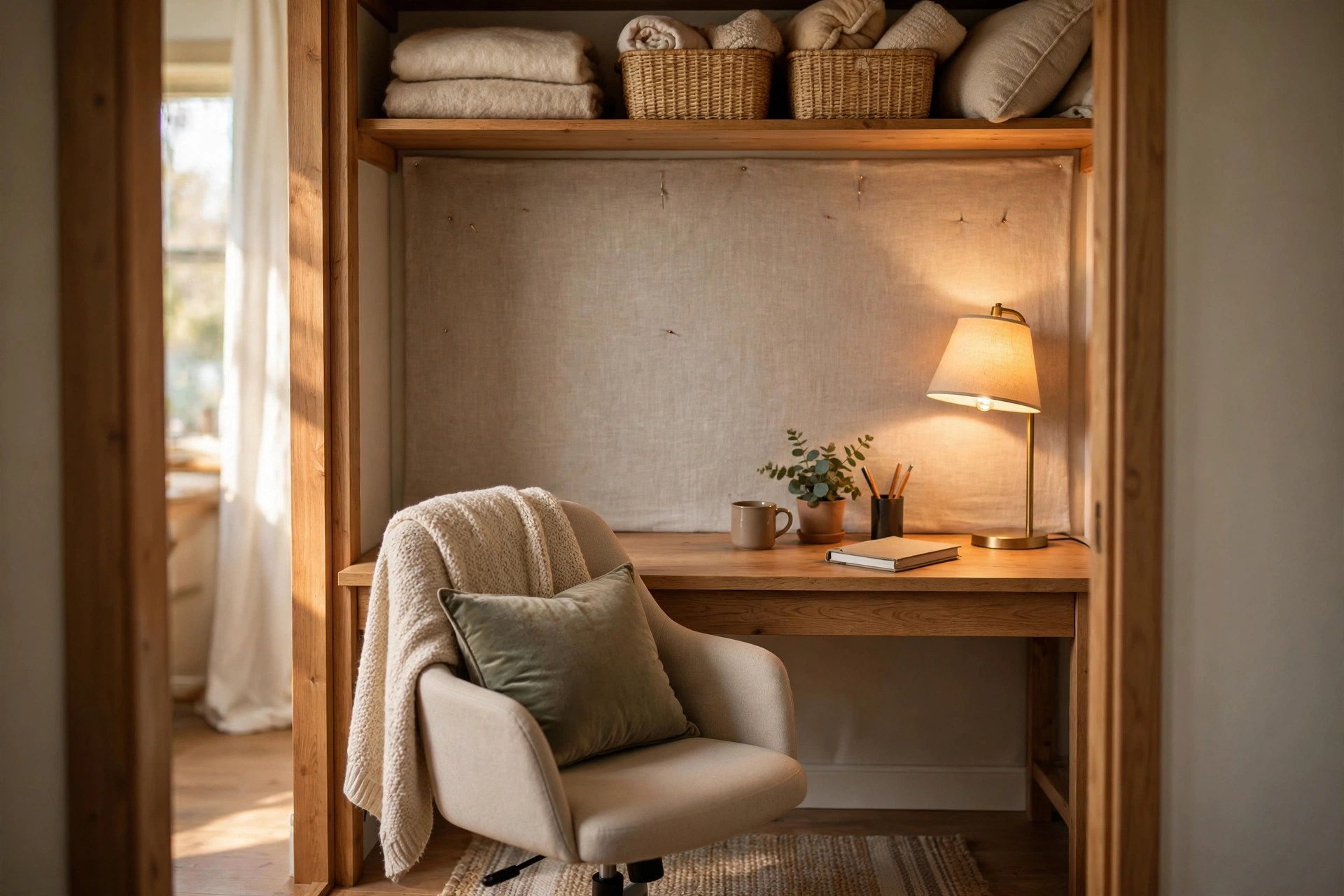 Cozy closet office with a rug, fabric pinboard and soft textiles for sound absorption