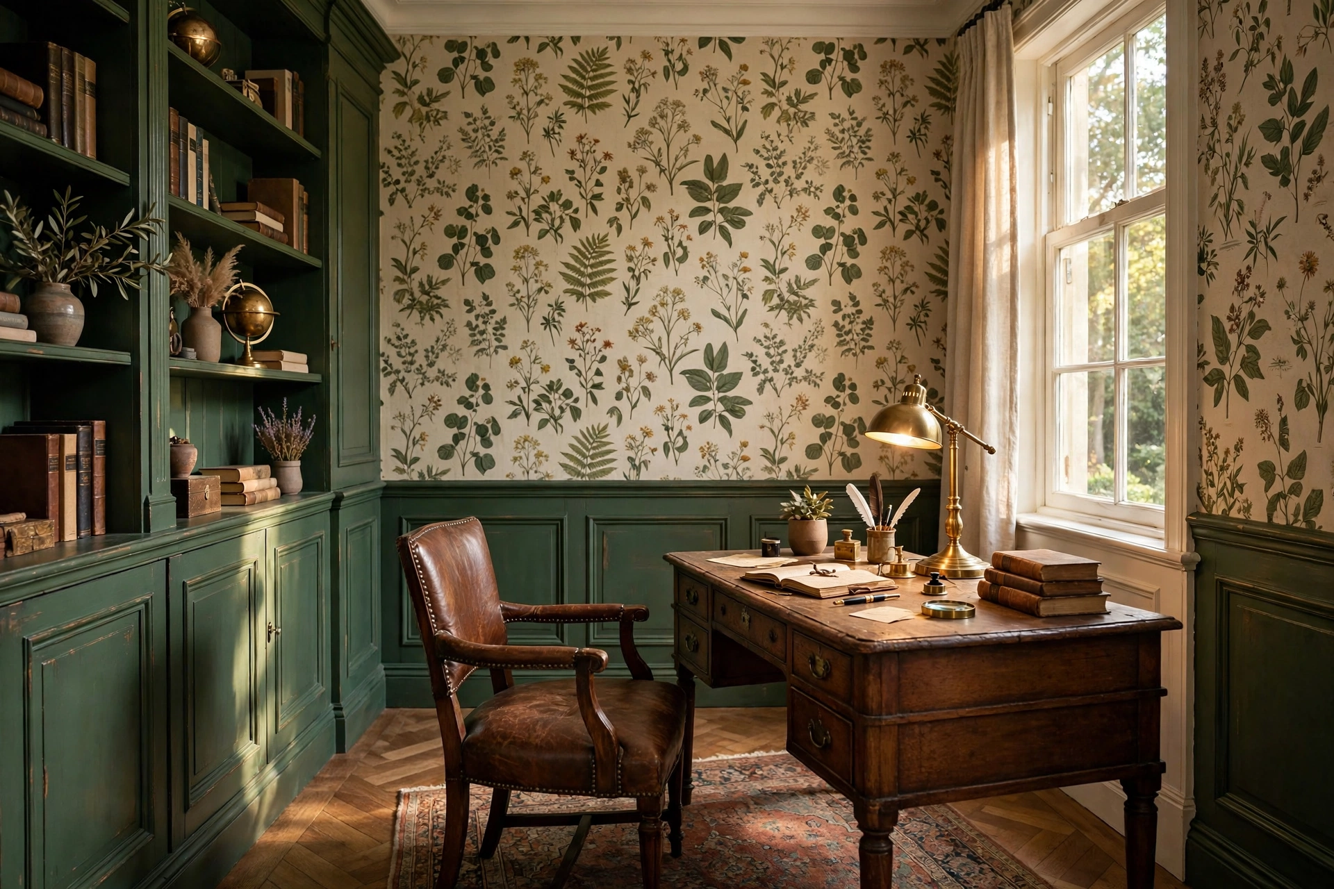 Deep green wainscoted walls with vintage botanical wallpaper in a classic home office