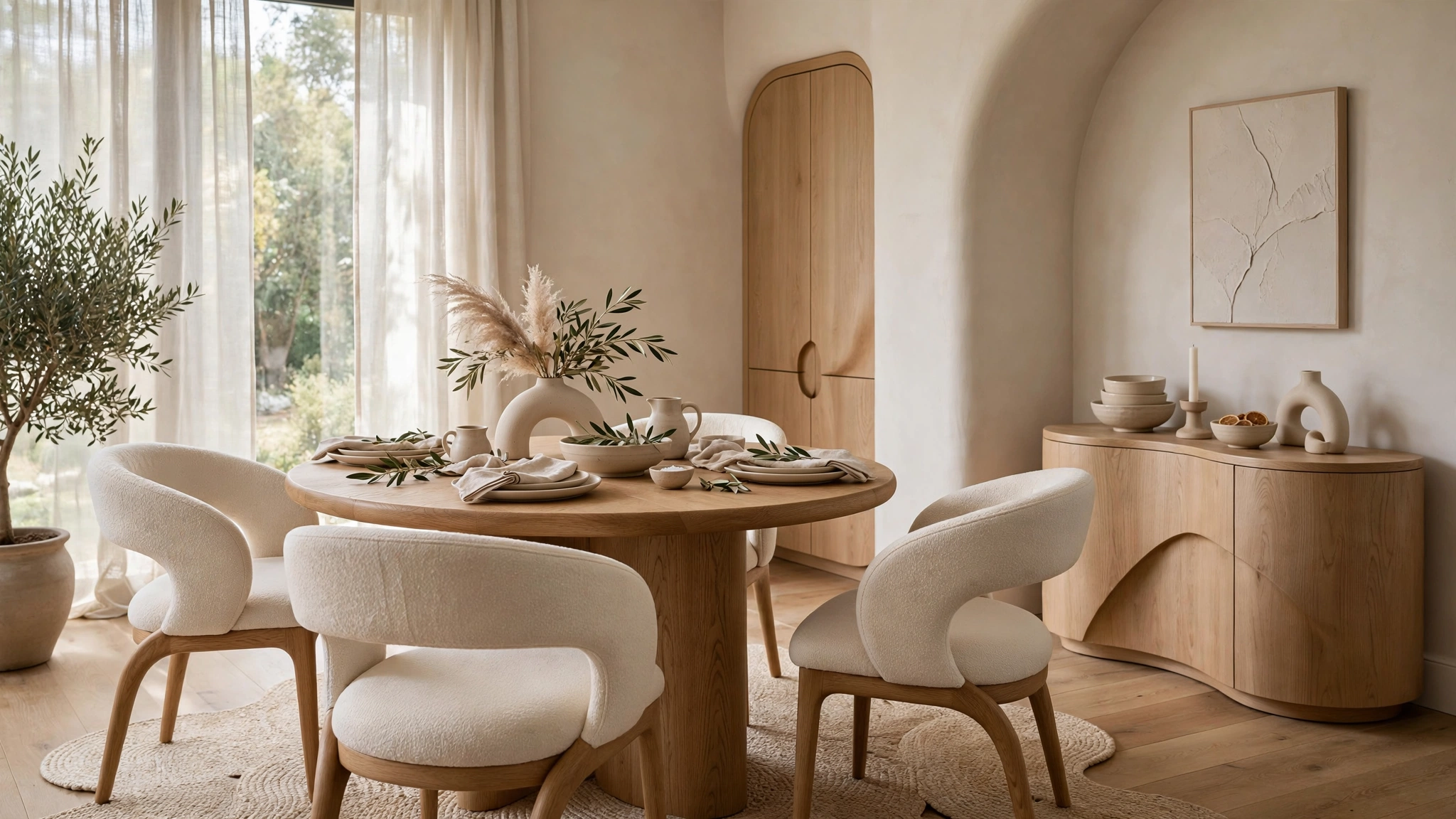 Modern dining room with a round oak table and curved-back dining chairs