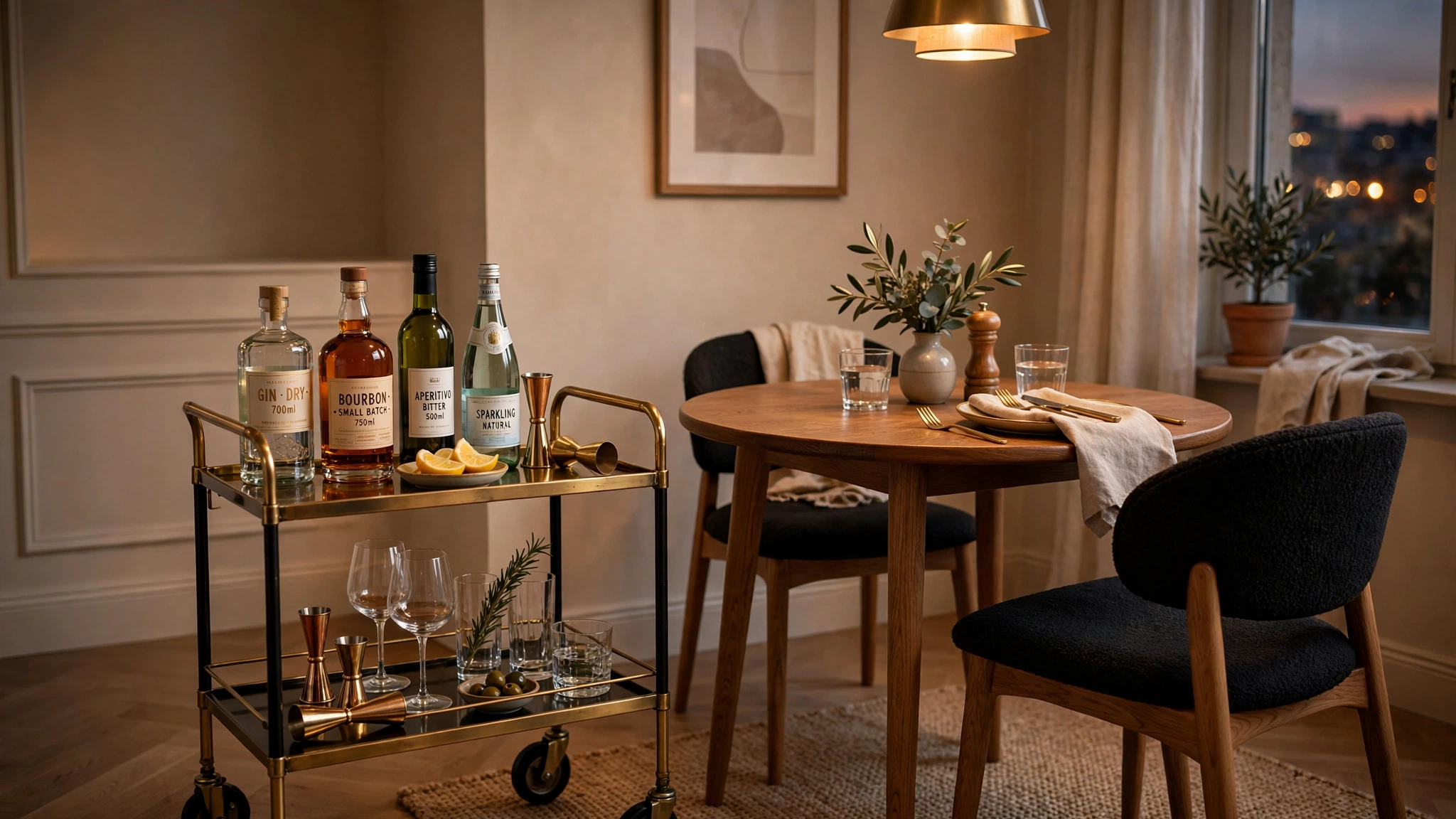 Slim bar cart with glassware beside a small dining table