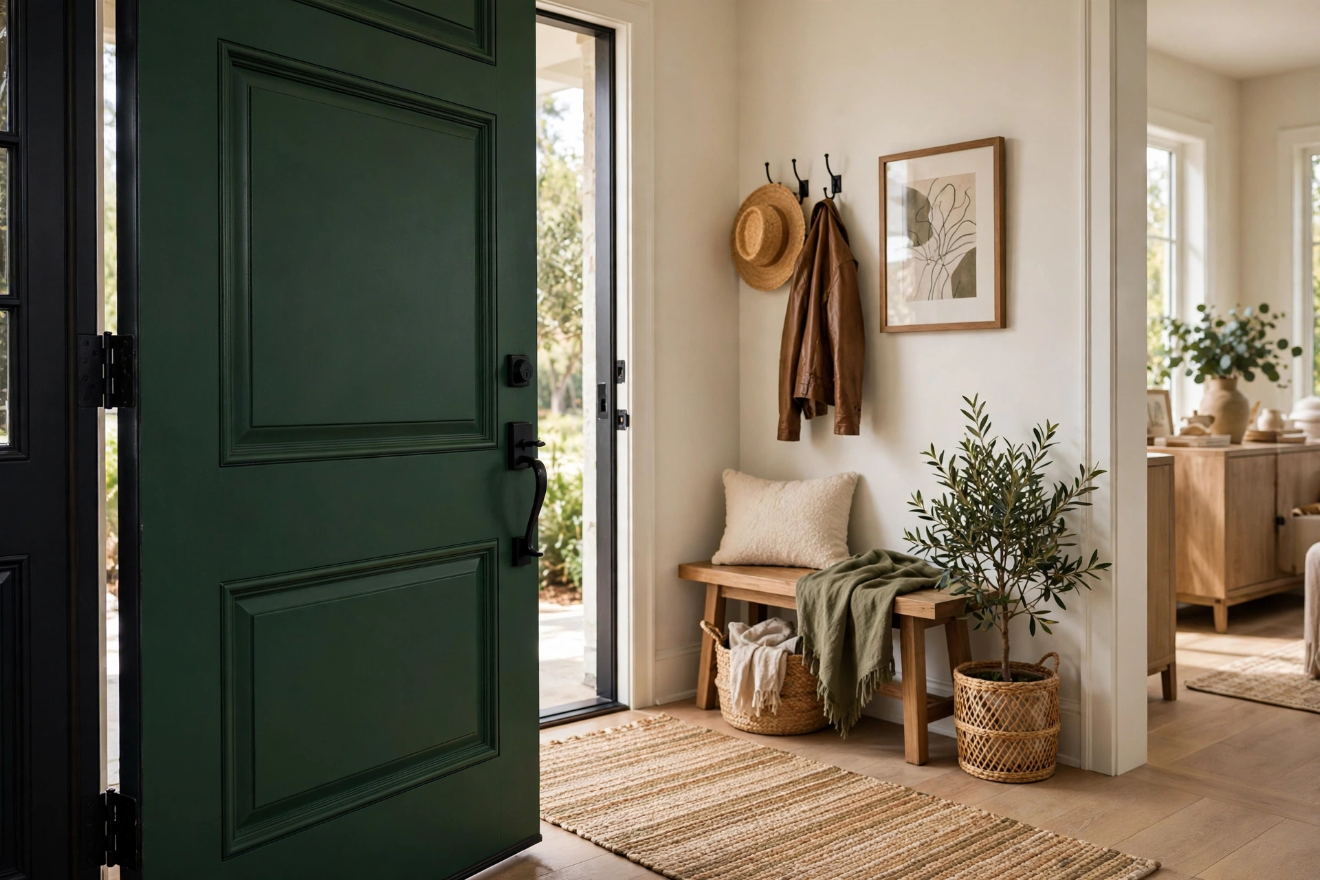 Interior of a front door painted deep green with black trim in a welcoming entryway