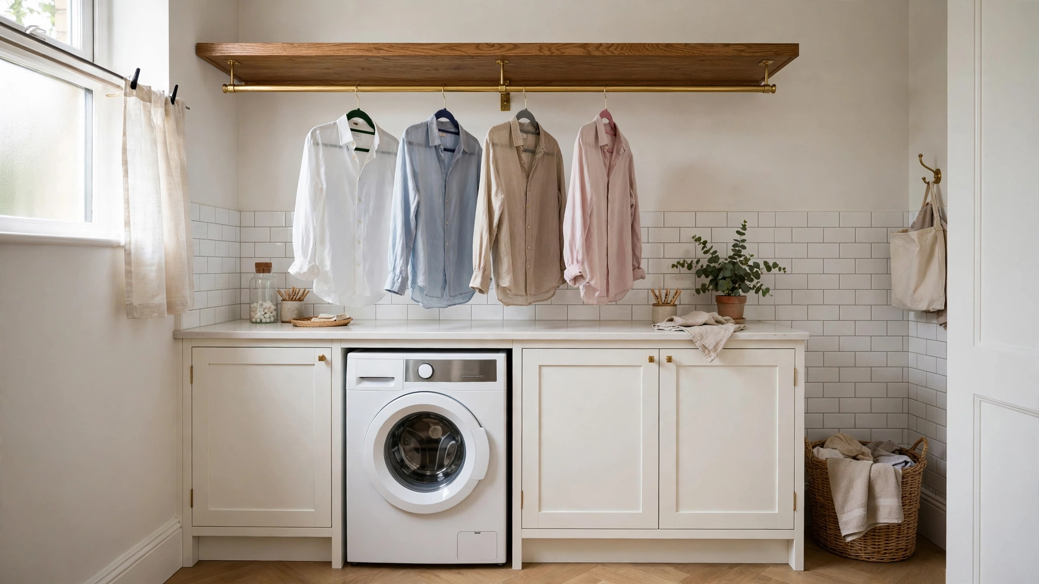 Brass hanging rod mounted under a shelf for air-drying clothes in a small laundry room