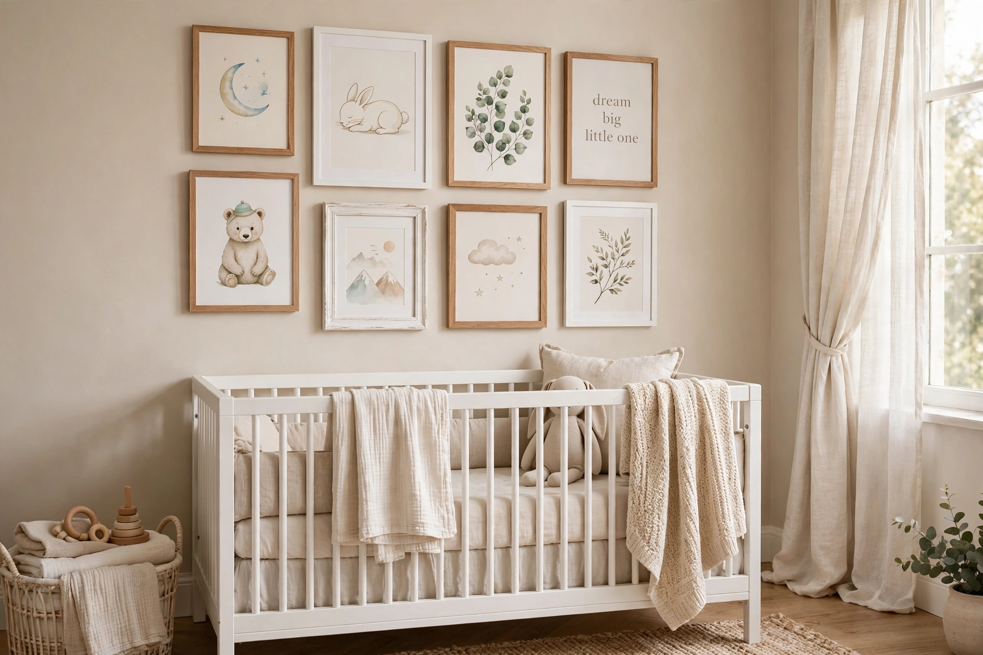 Gallery wall of framed nursery prints and art above a white crib