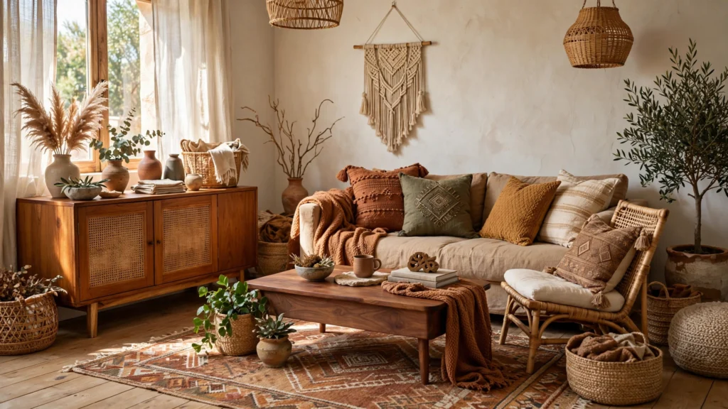 Boho living room design ideas with warm honey-toned wood furniture and earthy palette