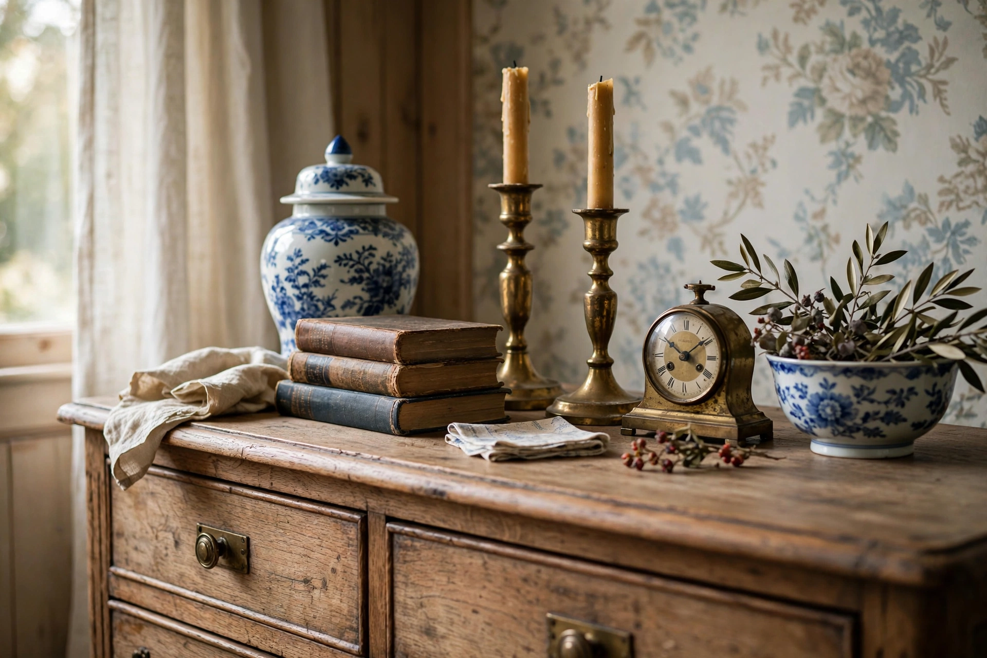 Vintage bedroom design ideas with a curated shelf of porcelain, books and brass objects