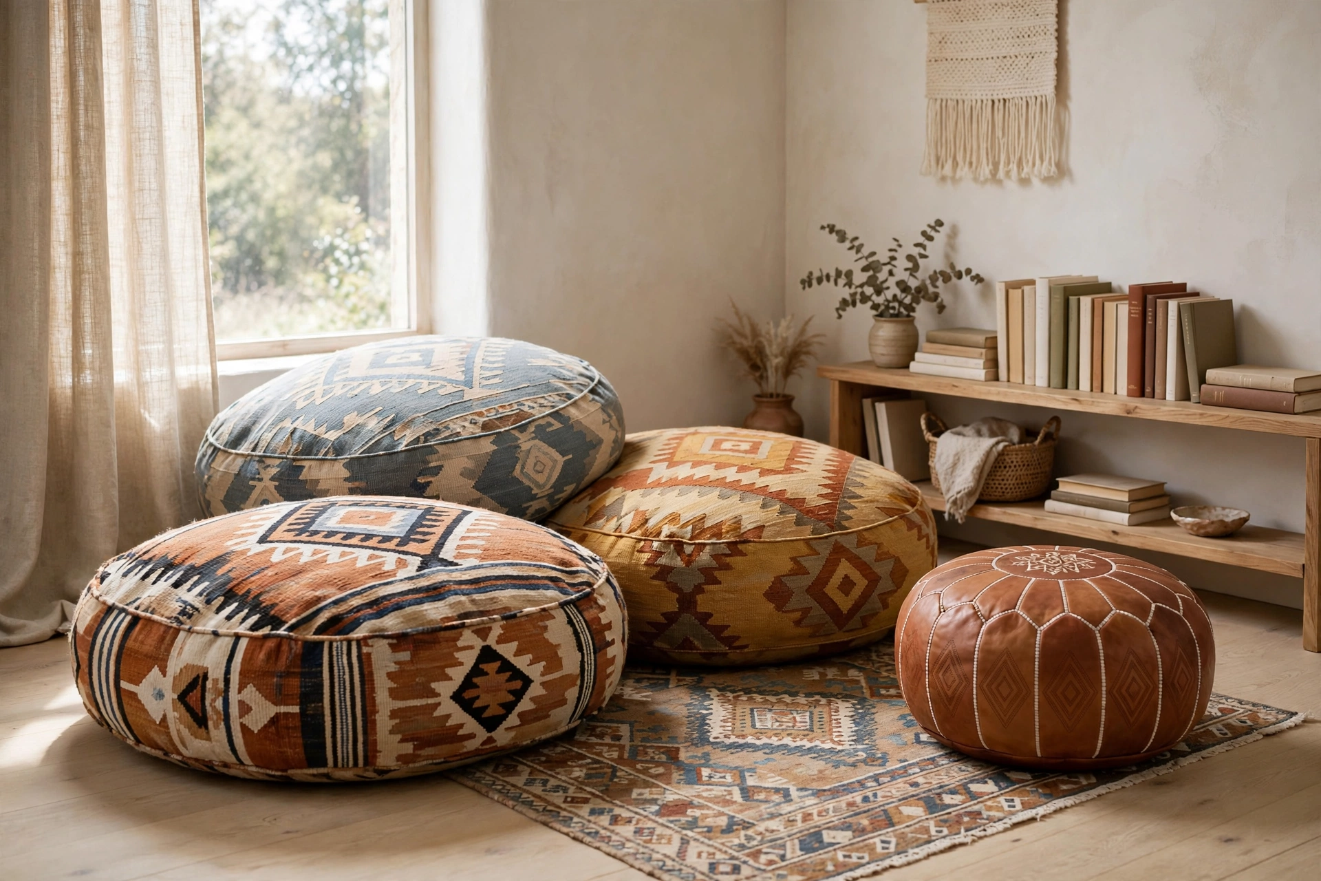 Kilim floor cushions and Moroccan leather pouf in a boho reading nook