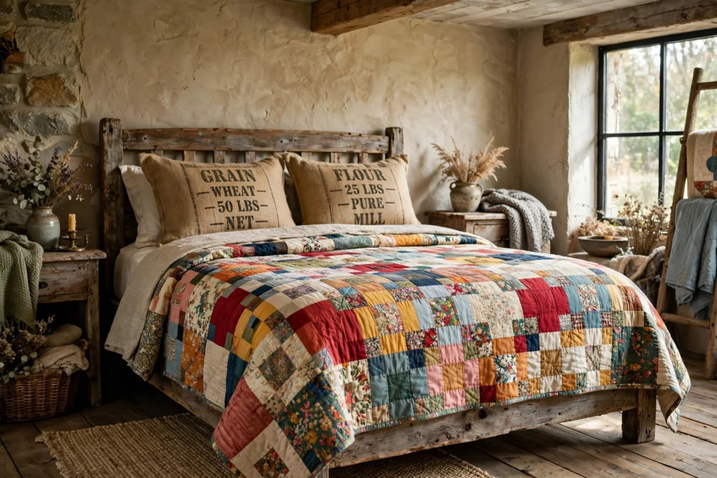 Rustic bedroom design ideas with a grandmother's quilt and vintage grain-sack pillows