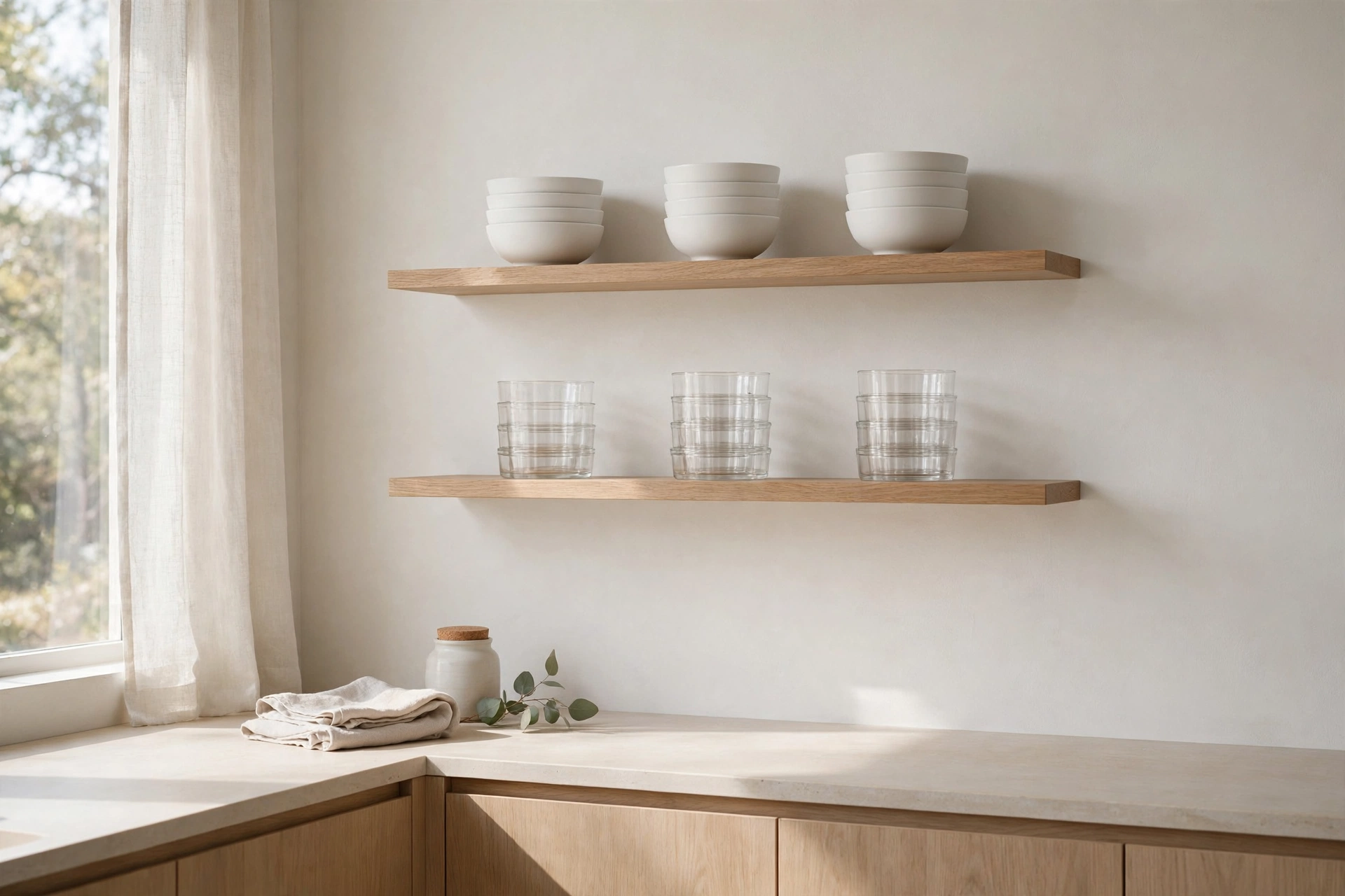 Minimalist kitchen design ideas with two sparingly styled open shelves of white dishes