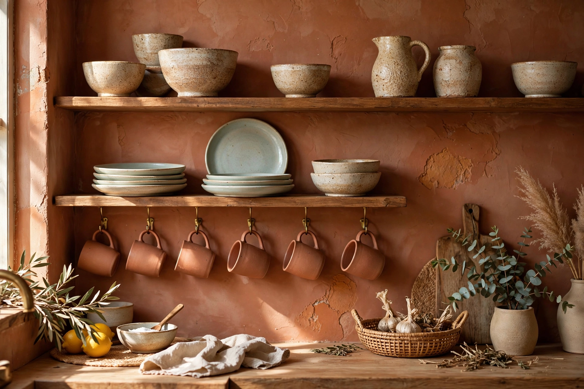 Boho kitchen design ideas with handmade speckled stoneware bowls and terracotta mugs displayed on open shelves