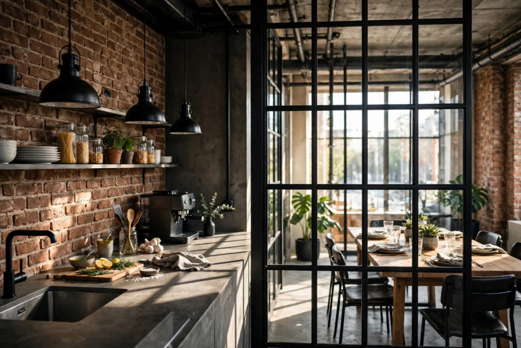 Industrial kitchen design ideas with black steel-framed factory grid windows between the kitchen and dining room