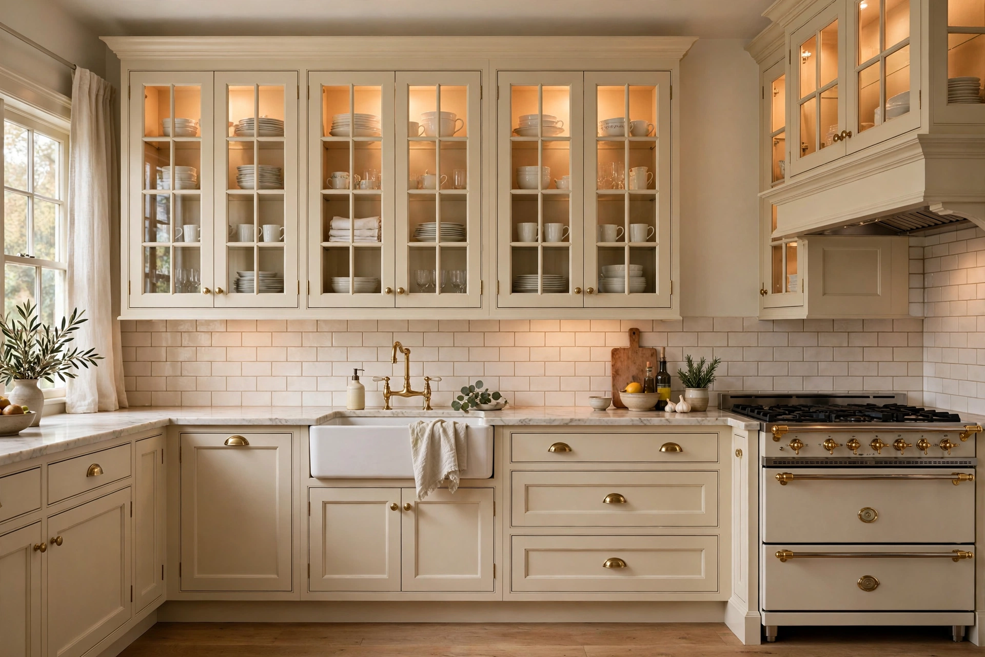 Traditional kitchen design ideas with glass-front display cabinets, mullion doors and styled white dishware