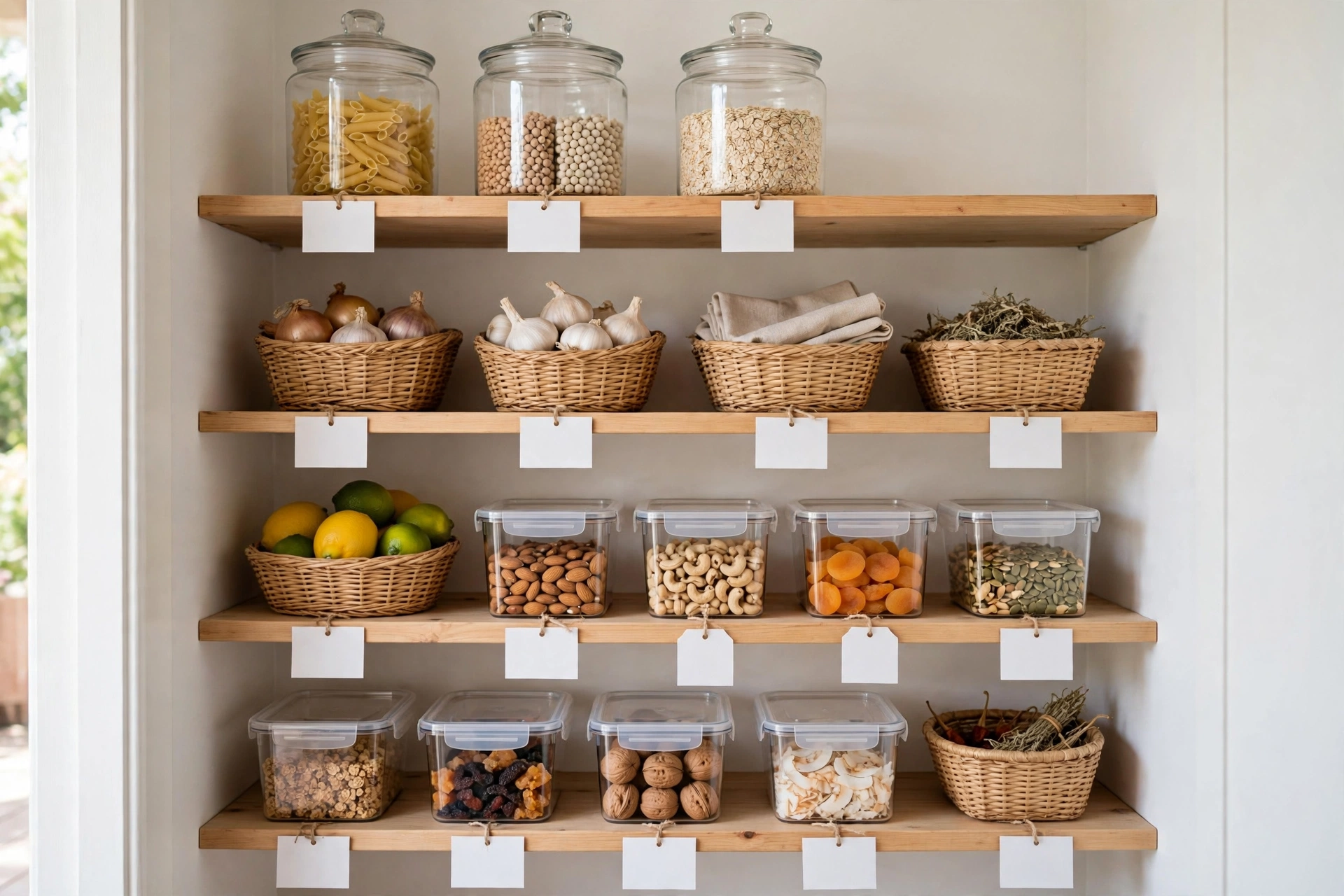 Labeled bins, baskets and containers with clear tags in an organized small pantry