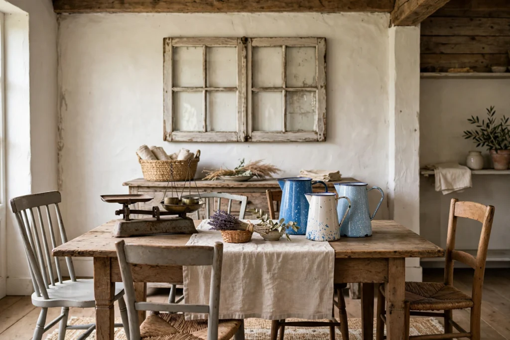 Farmhouse dining room styled with vintage scale, enamelware and found decor pieces