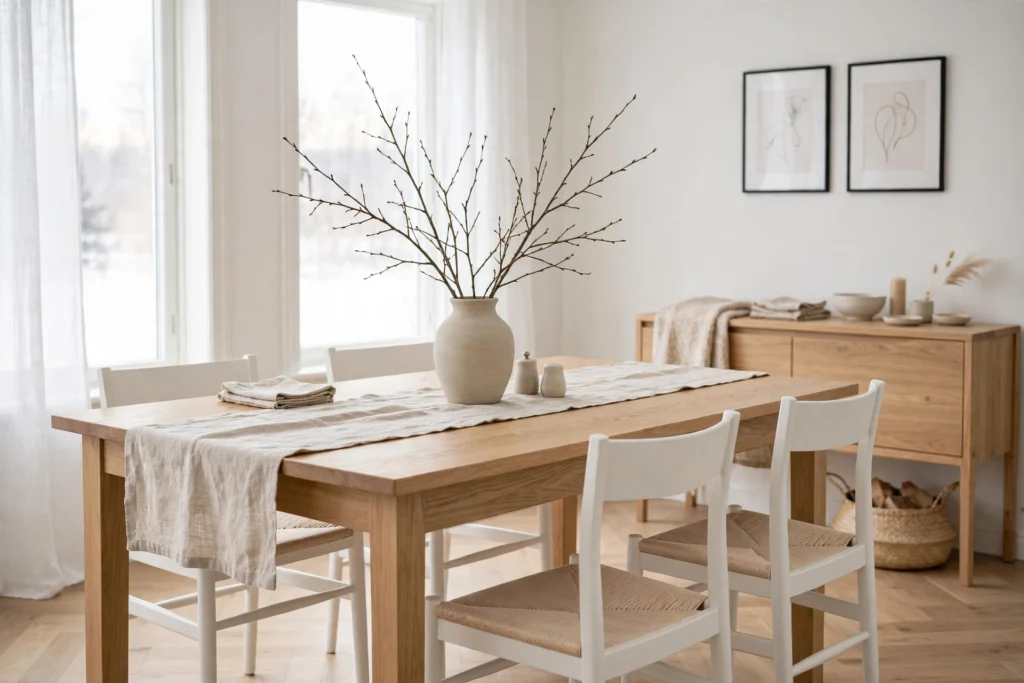 Simply styled Scandinavian dining table with a ceramic vase of branches and linen runner