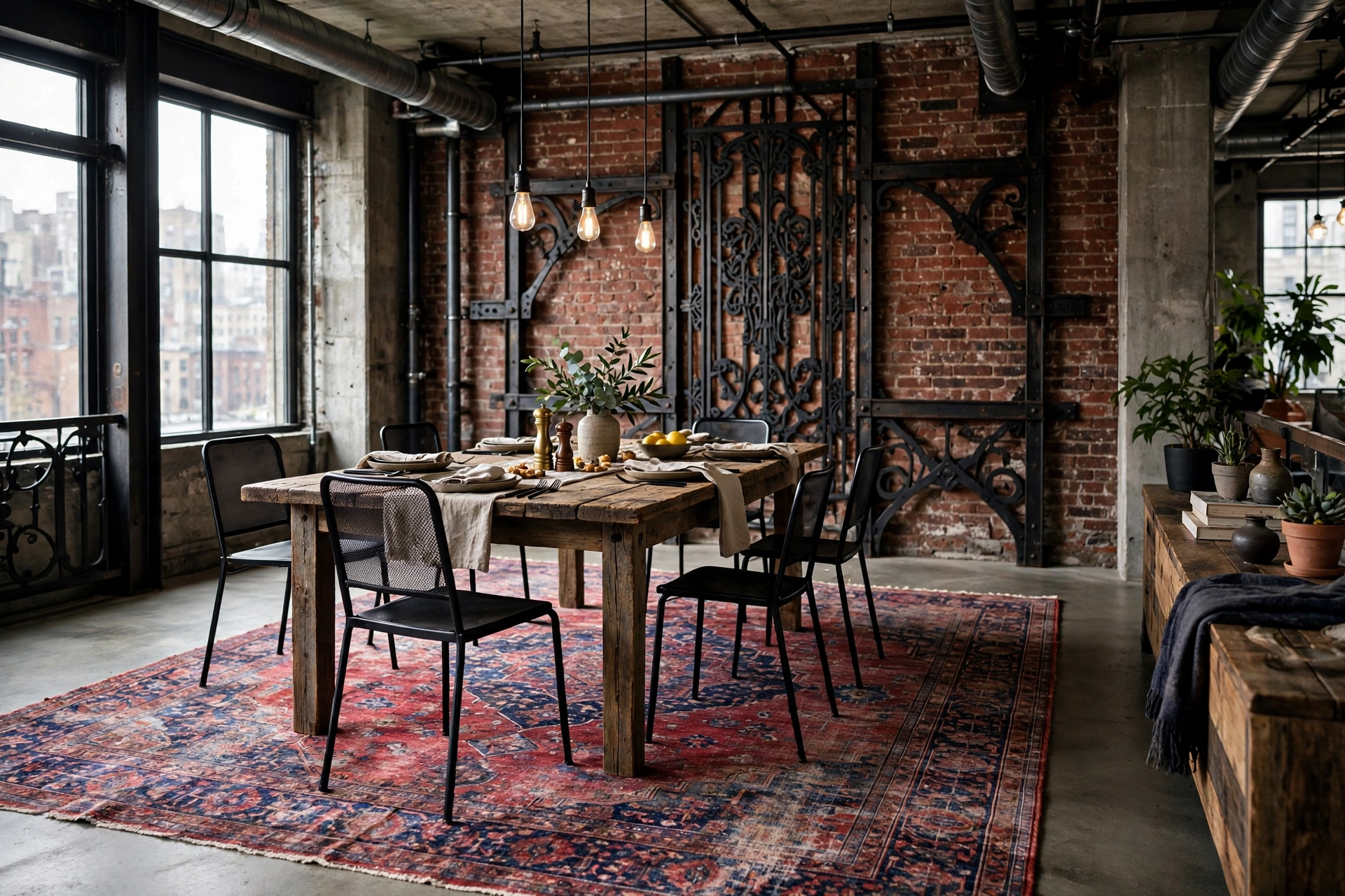 Vintage-look patterned rug under the table in an industrial dining room