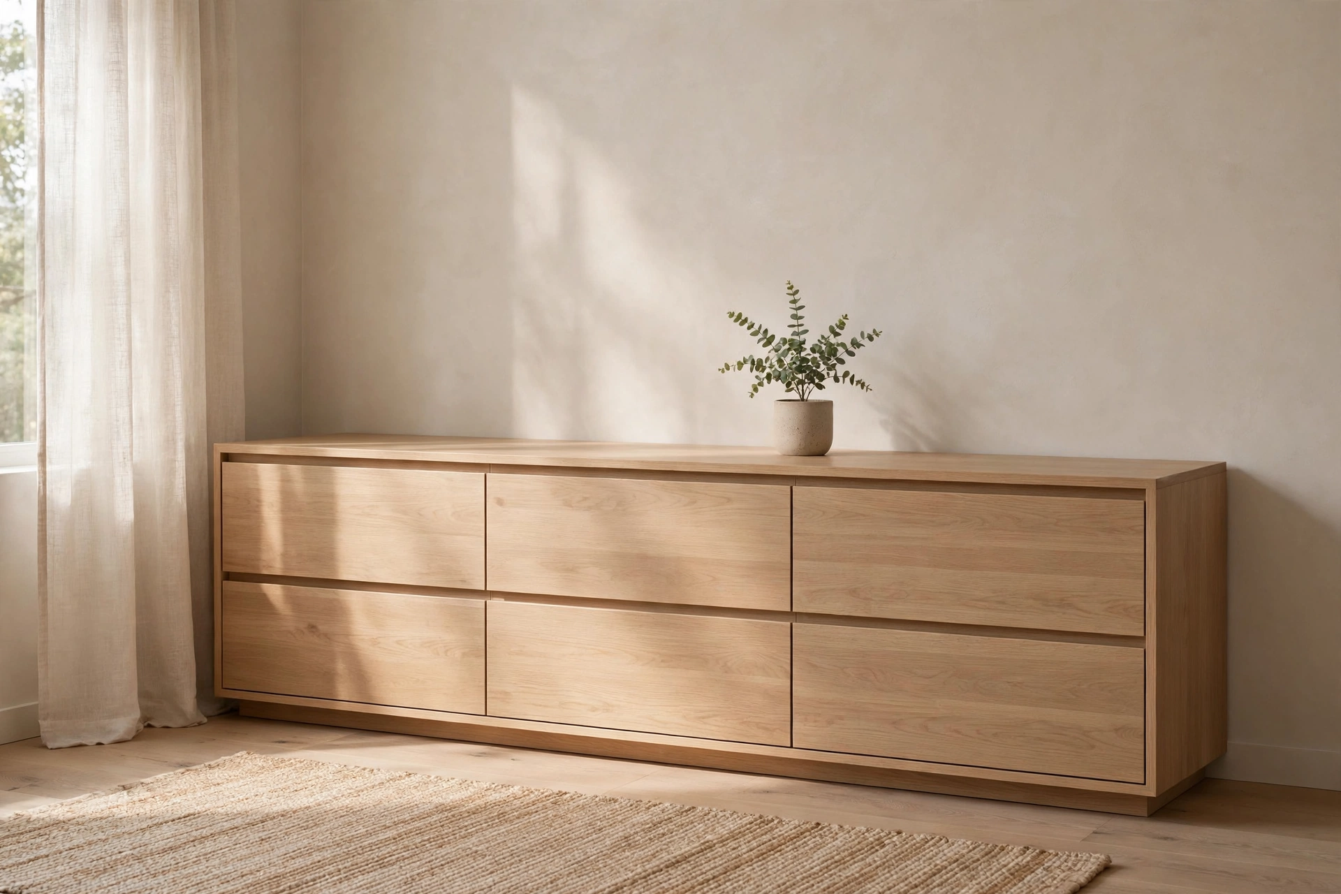 Low wide oak storage cabinet with flat fronts in a Japandi home office