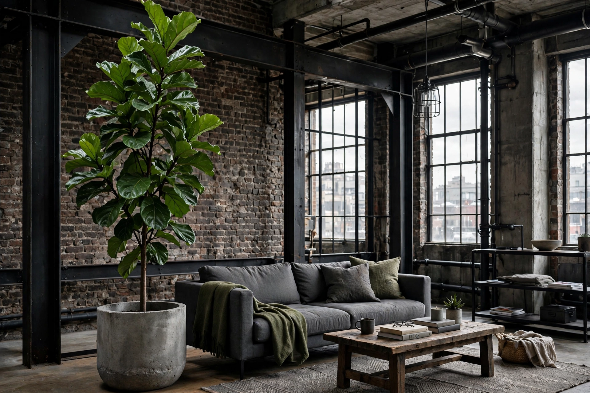 Tall fiddle-leaf fig in a concrete planter softening an industrial living room