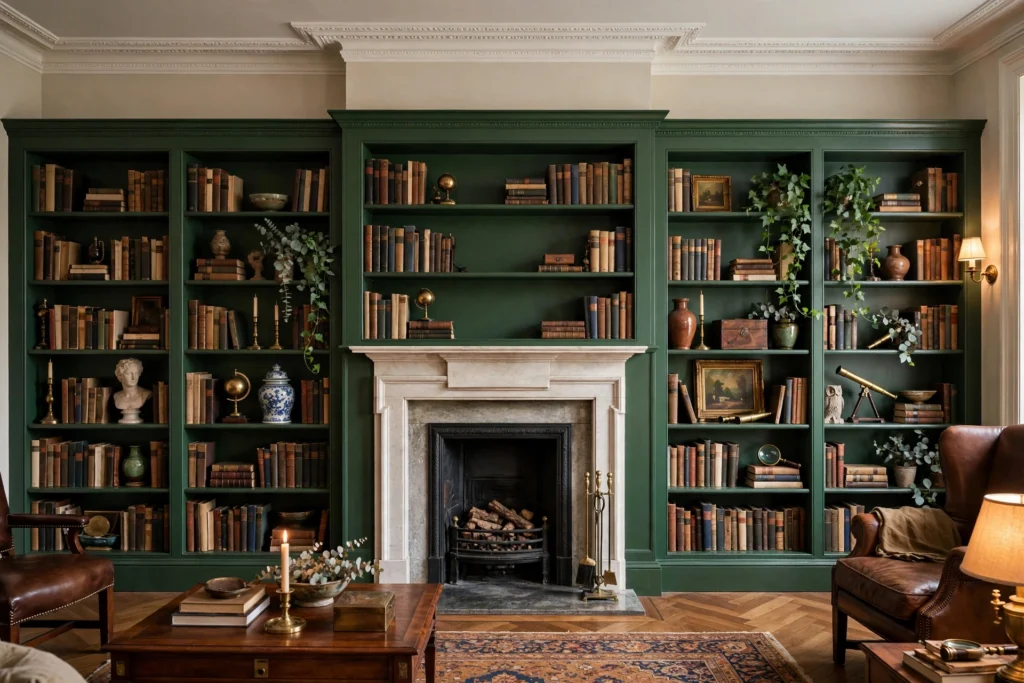 Traditional living room design ideas with built-in bookcases filled with books and classic decor