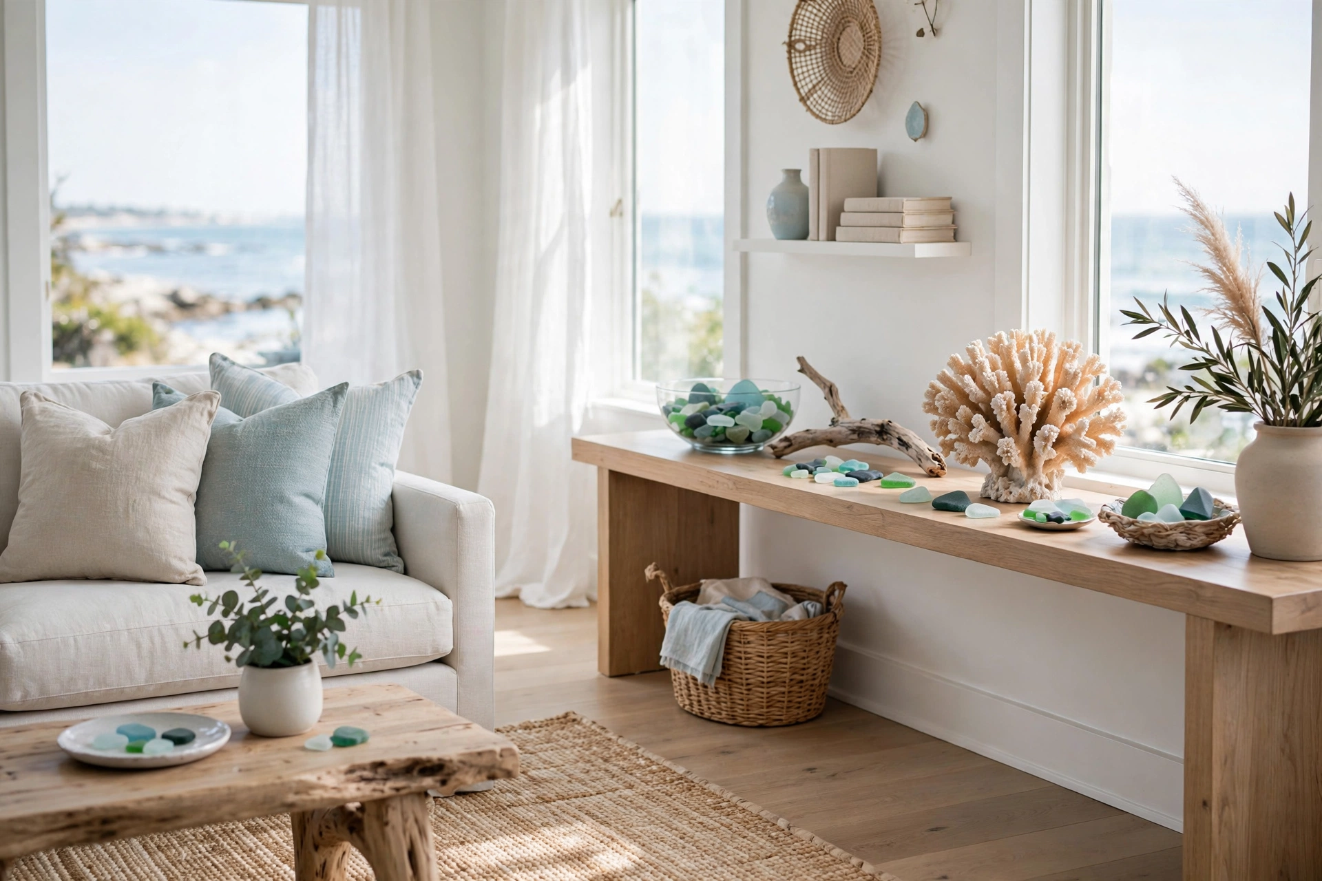 Coastal living room design ideas with sea glass, driftwood and curated coastal decor
