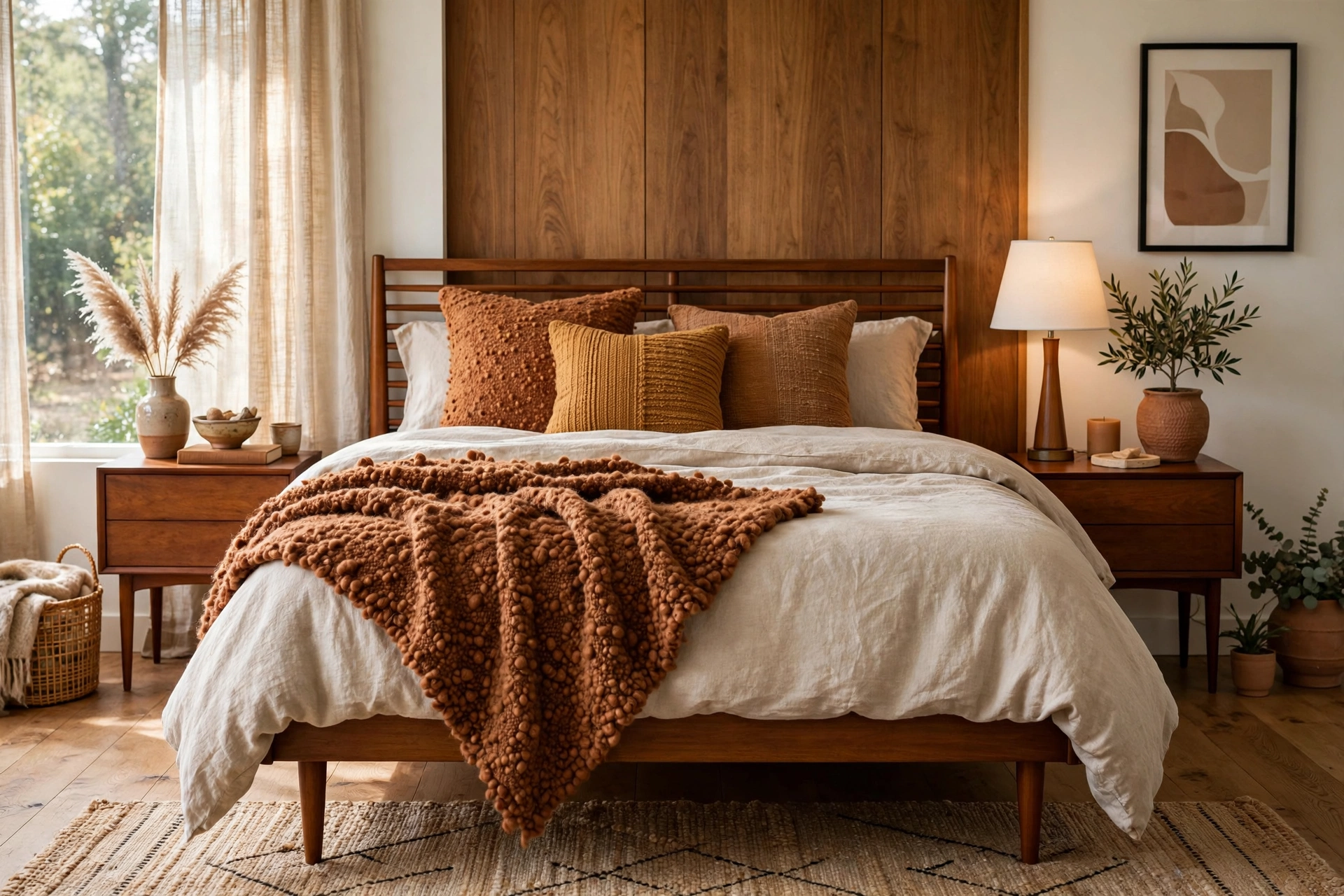 Mid-century modern bed layered with nubby wool throw, linen duvet and earthy textured pillows