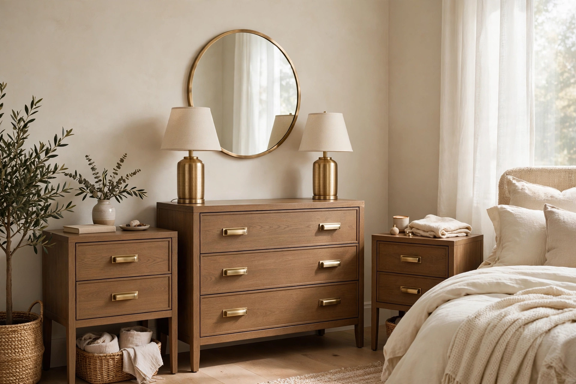 Brushed brass lamp bases, mirror frame and drawer pulls warming a contemporary bedroom