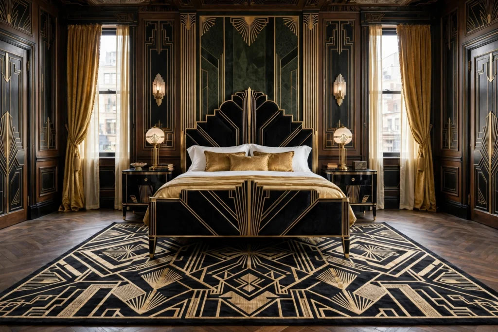 Art deco bedroom design ideas with a large geometric black and gold area rug under the bed