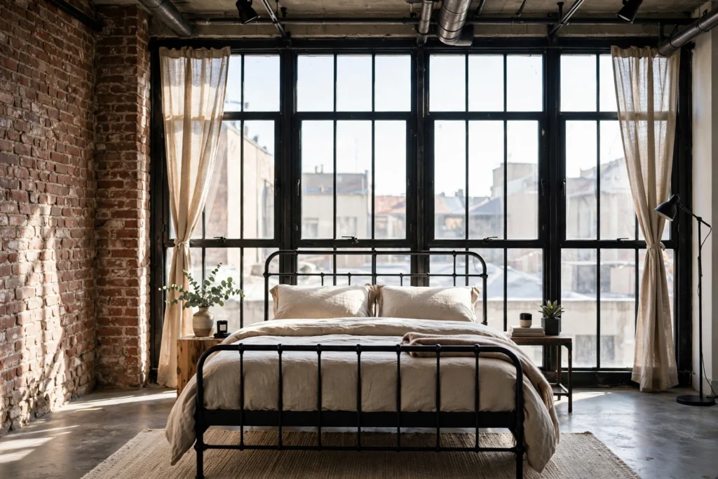 Large black steel-framed windows with simple linen panels in an industrial bedroom