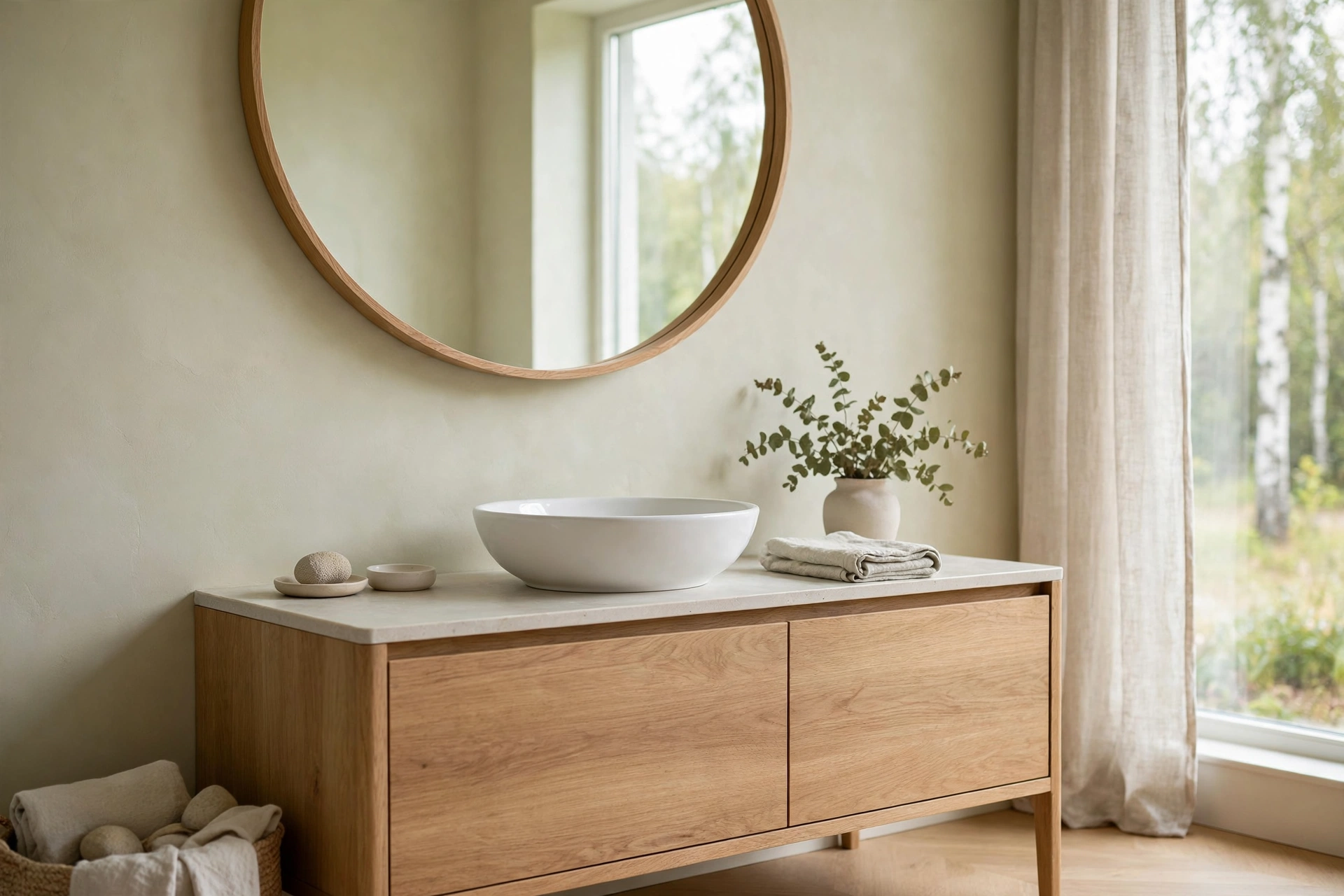 Scandinavian bathroom design ideas with a large round mirror above the oak vanity