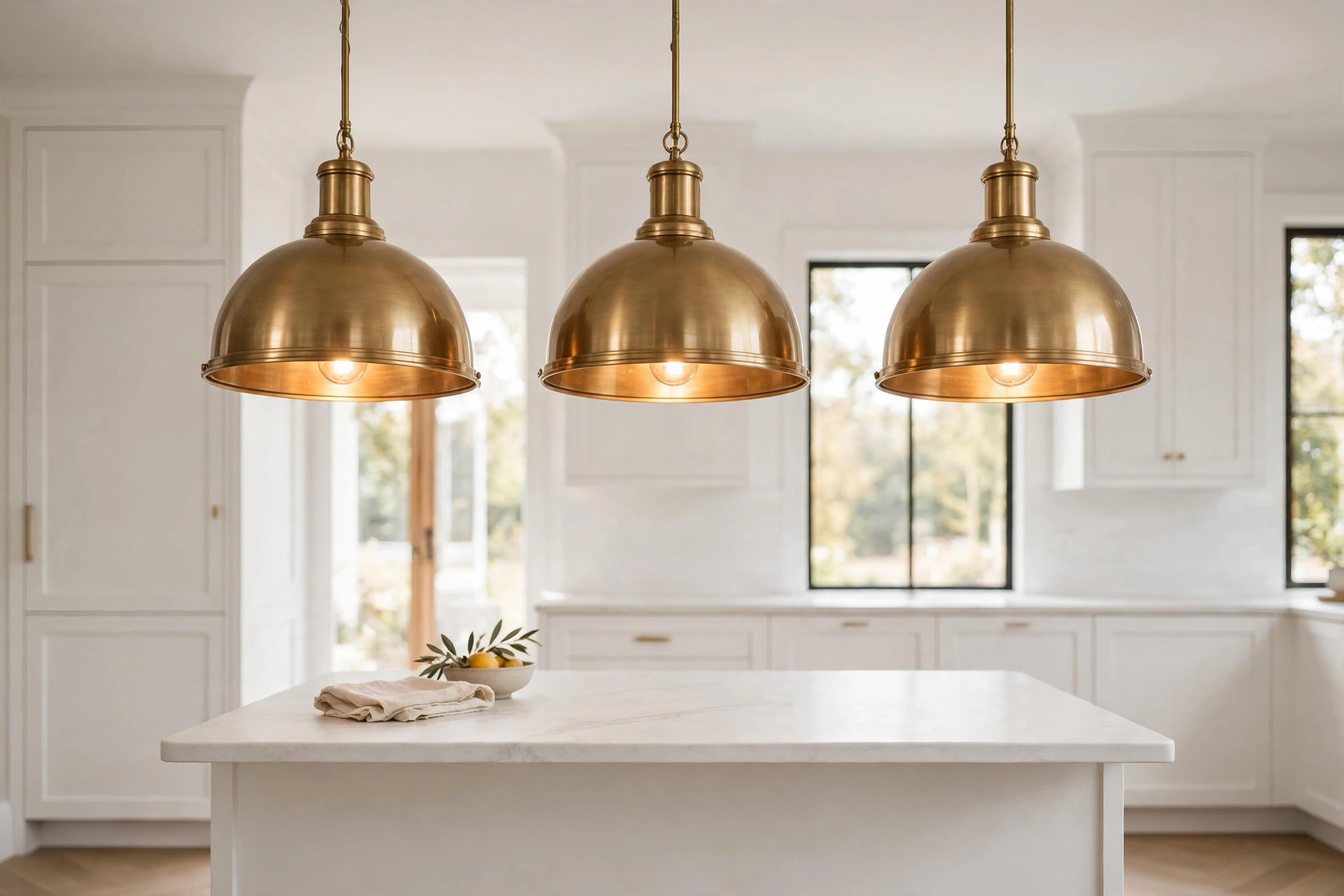 Oversized brass pendant lights glowing over a white kitchen island