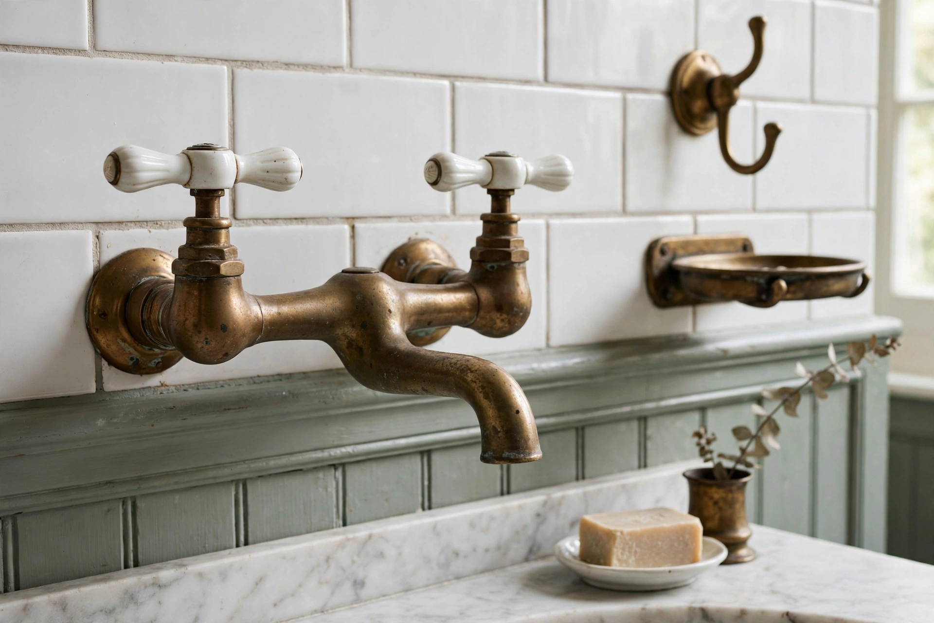 Traditional bathroom hardware details with porcelain handles and brass accessories
