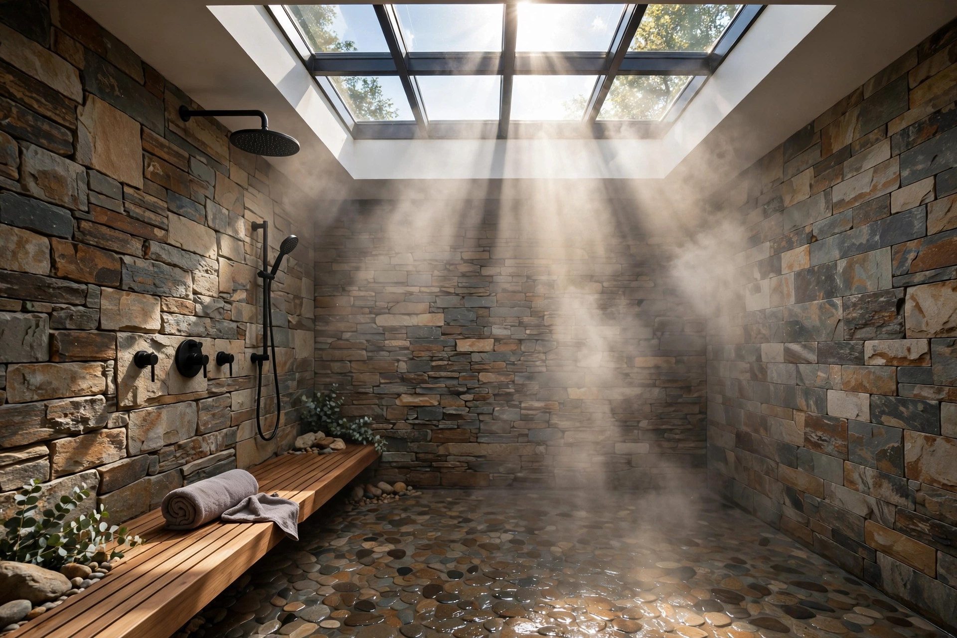 Walk-in shower with skylight pouring natural light onto stone tile