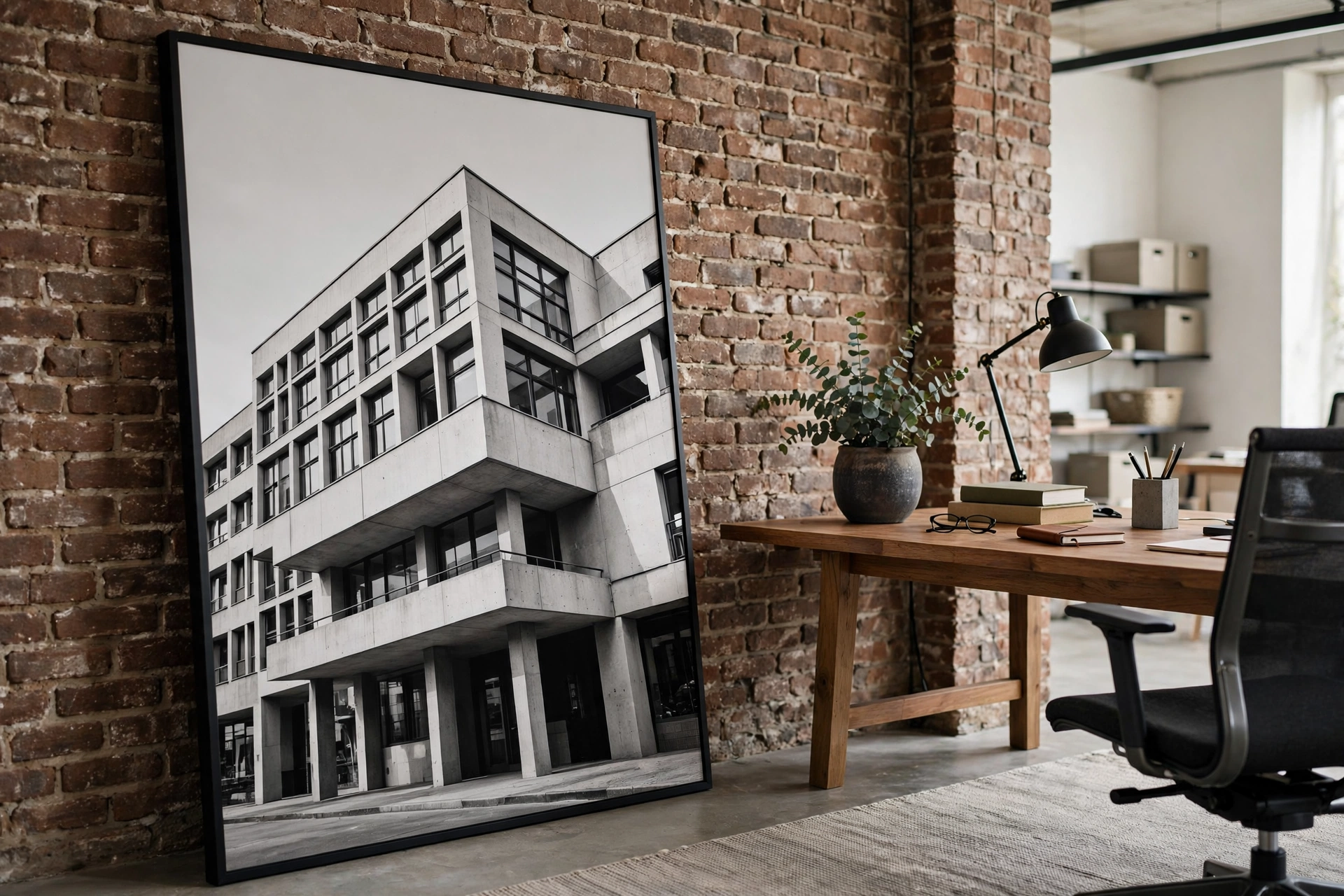 Oversized black and white photograph leaning against a brick wall in an industrial office