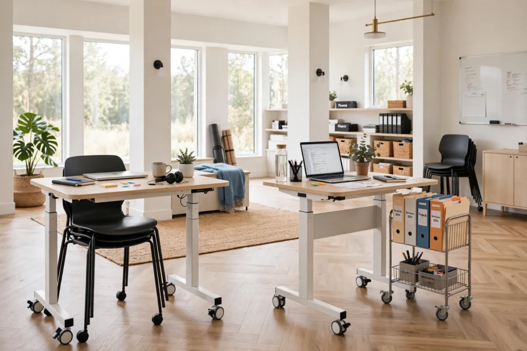 Two rolling desks on casters in a flexible shared home office space