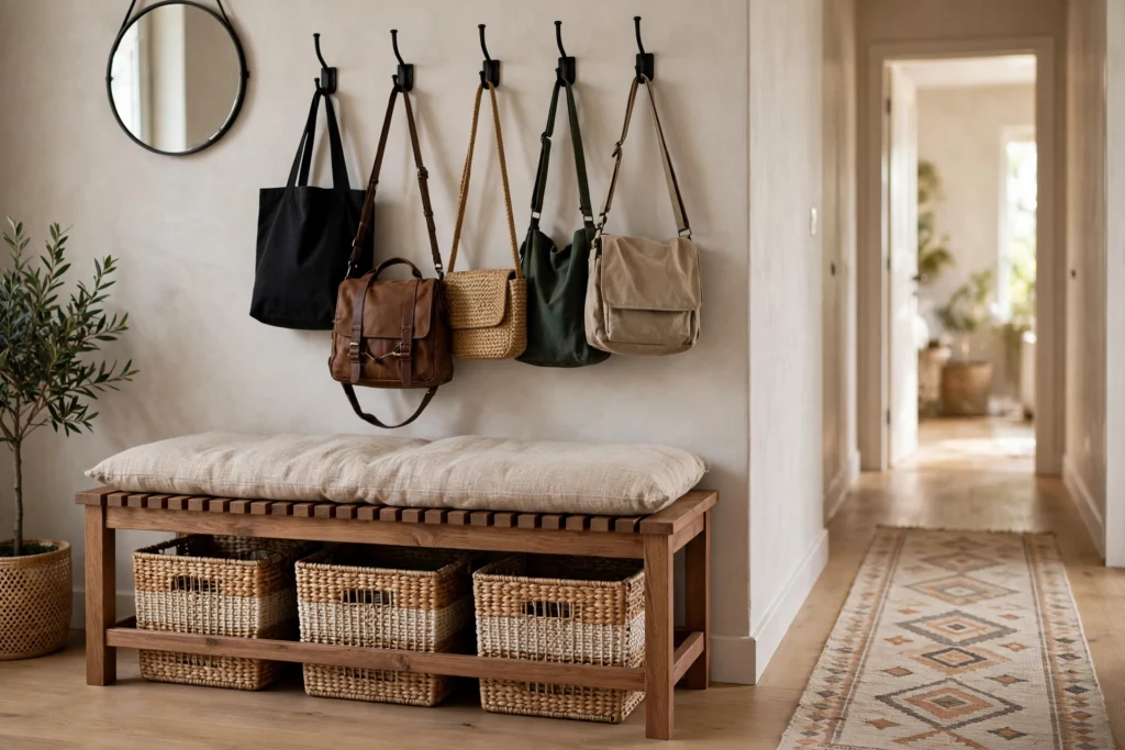 Wooden hallway bench with storage baskets underneath and coat hooks above