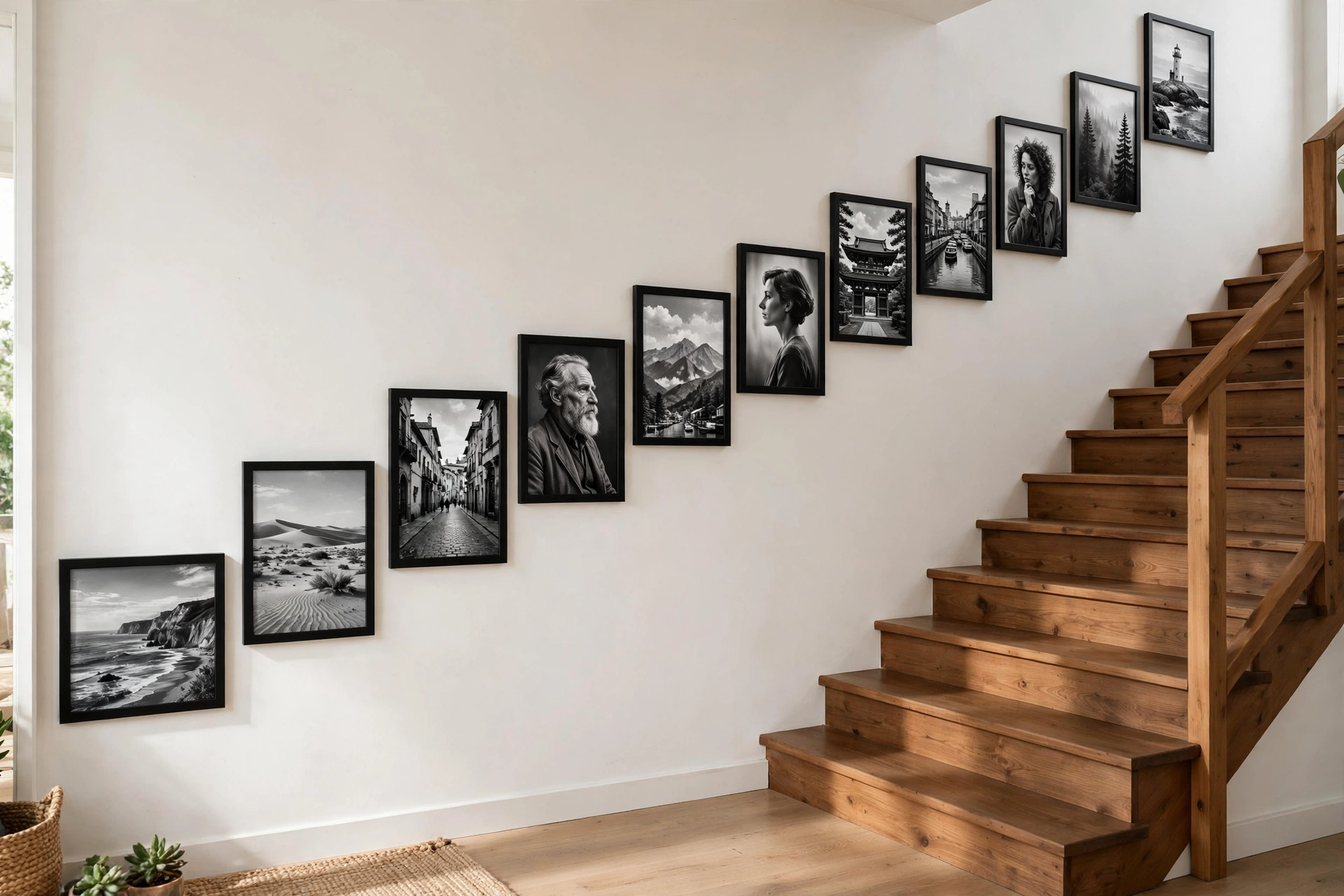 Black-and-white travel and family photographs in matching black frames climbing a staircase wall