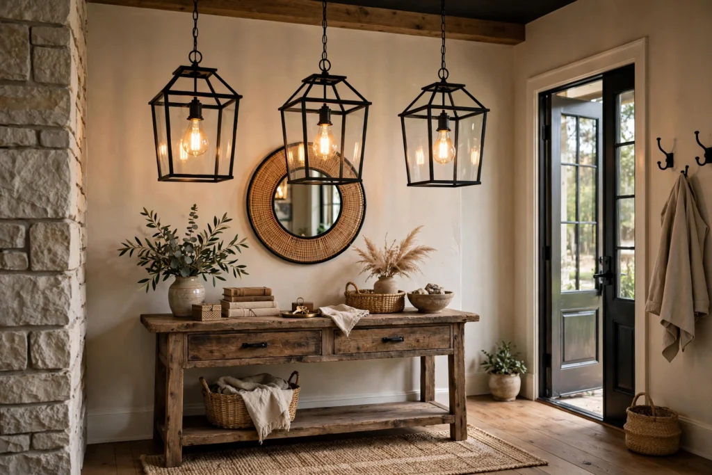 Entryway lighting ideas with black metal lantern pendant lights hanging in an entryway