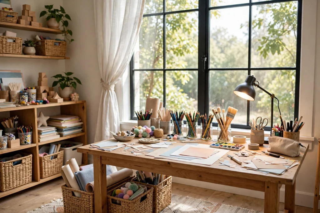 Playroom design ideas with bright task lighting over a craft table by the window