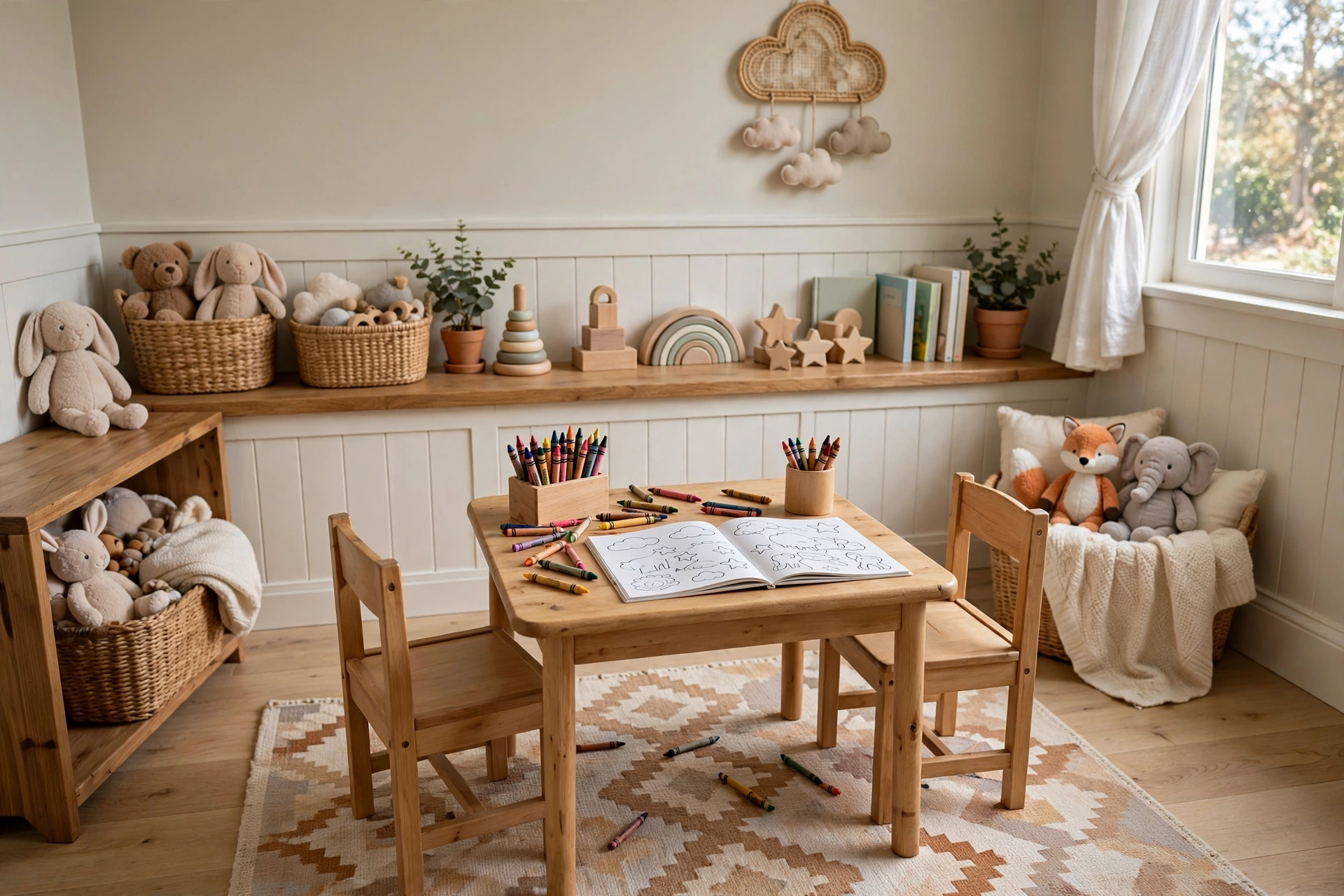 Toddler bedroom design ideas with a small toddler table and chairs for coloring