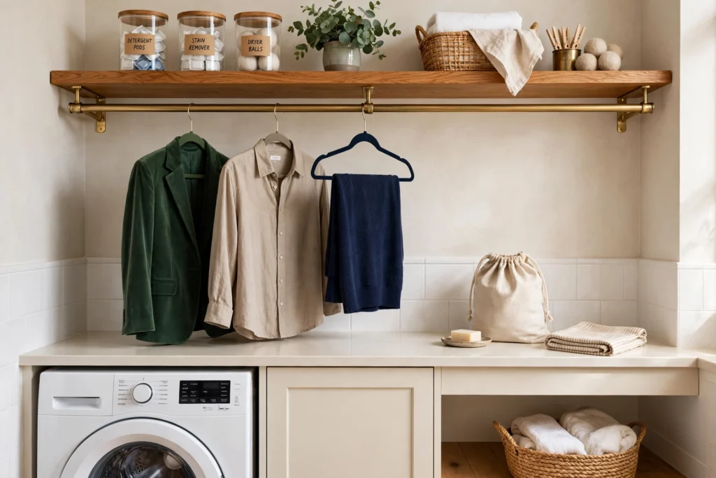 Brass hanging rod with clothes on velvet hangers mounted under a laundry room shelf