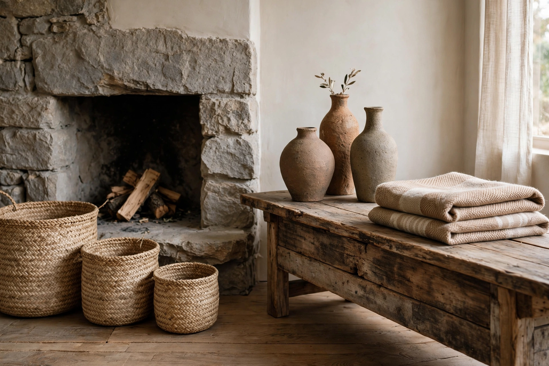 Woven baskets and handmade stoneware pottery styled in rustic living room