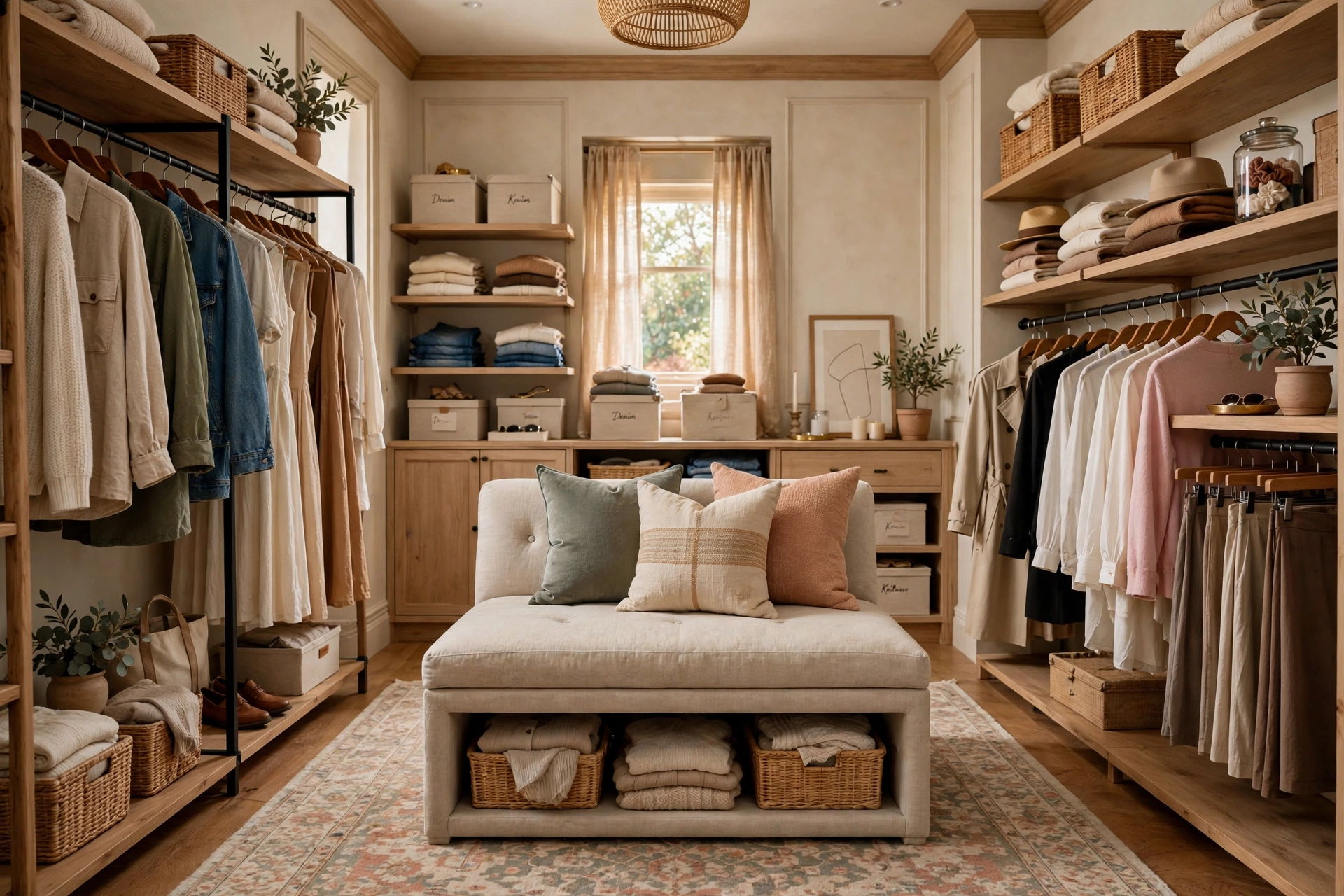 Walk-in closet with a soft patterned rug and an upholstered storage bench