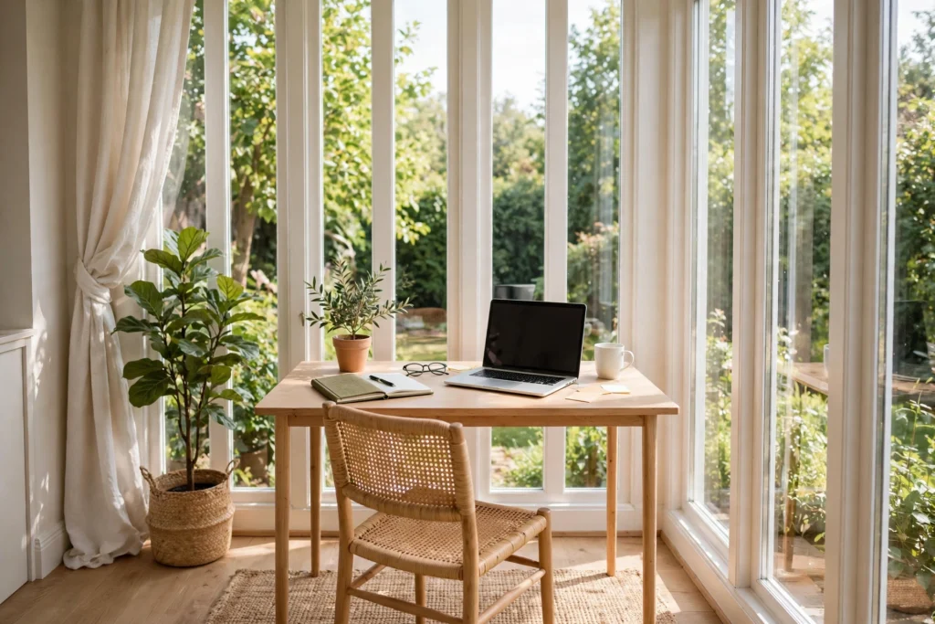 Sunroom with a slim desk and chair facing the windows as a bright small workspace