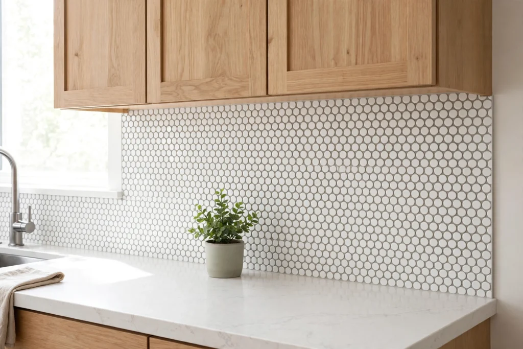 Kitchen backsplash ideas with white mosaic penny round tiles and gray grout.
