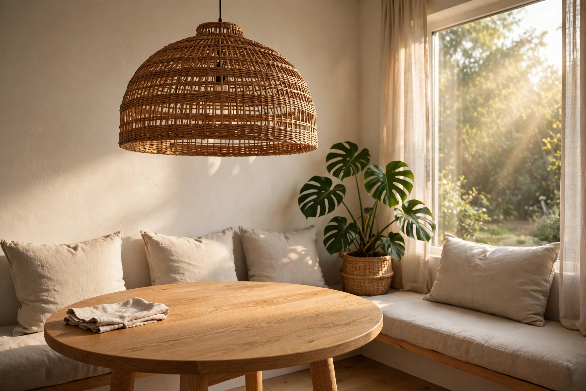 Breakfast nook ideas with an oversized rattan pendant hanging over a round breakfast table.
