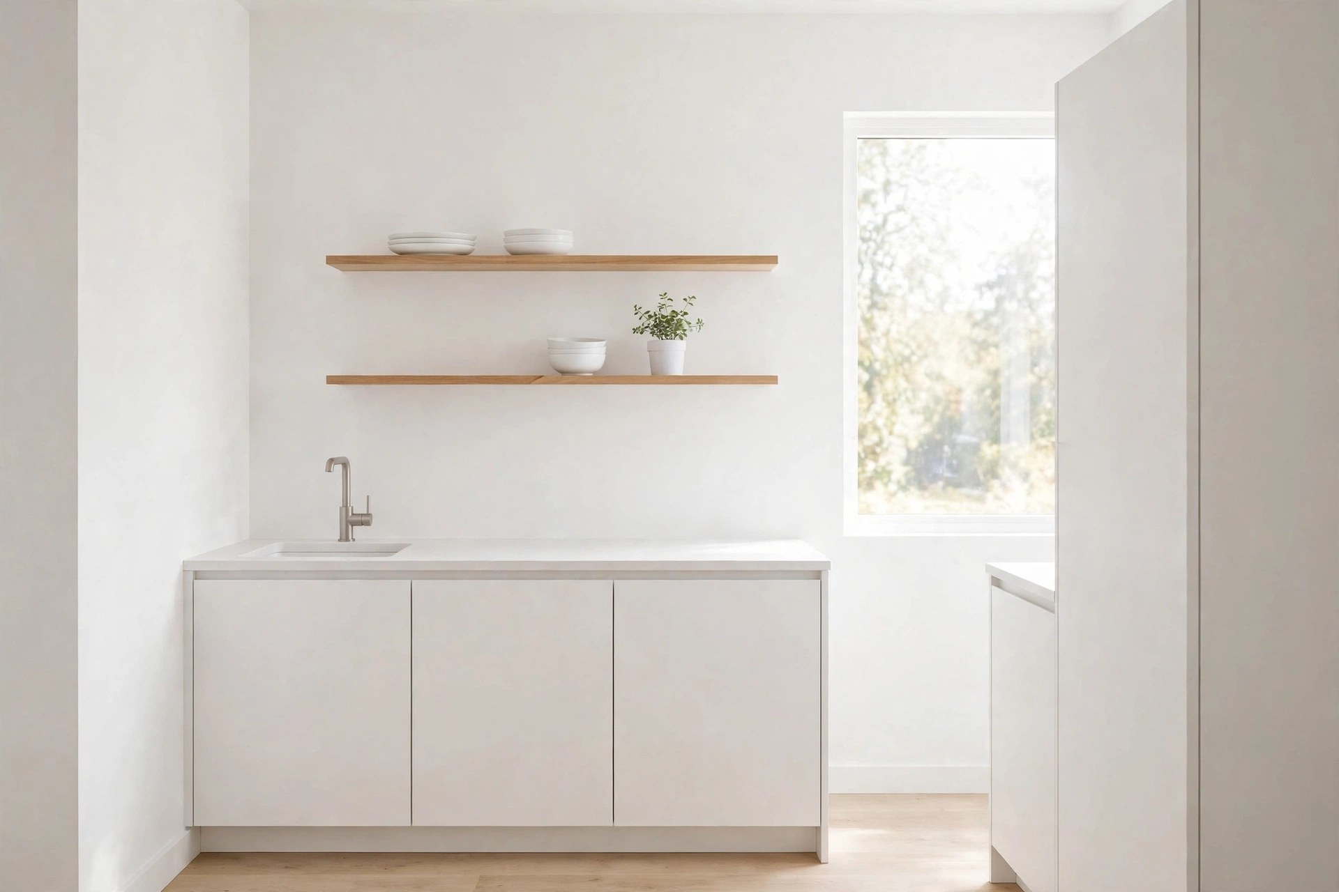 Open kitchen shelving ideas with slim shelves making a small white kitchen feel larger.