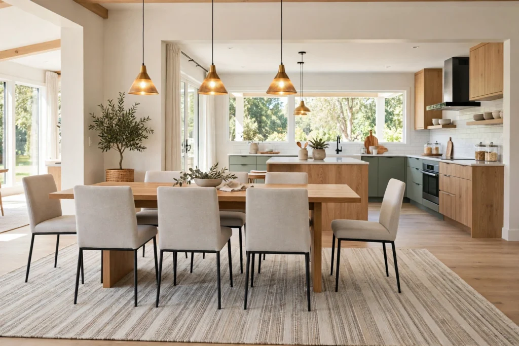 Kitchen rug ideas with a large area rug defining the dining zone in an open-plan kitchen.