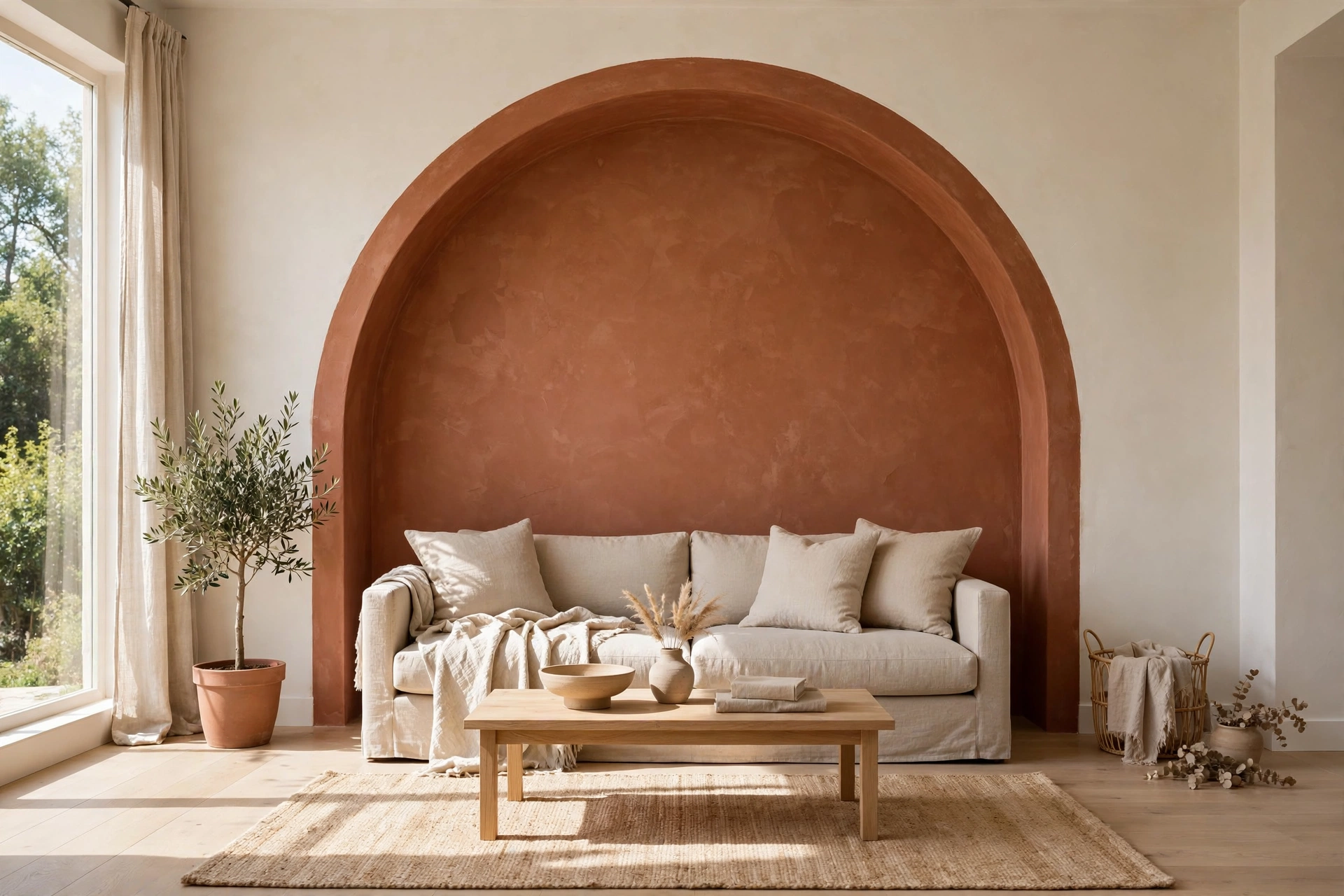 Living room accent wall ideas featuring a terracotta painted arch framing a beige sofa in a bright living room.