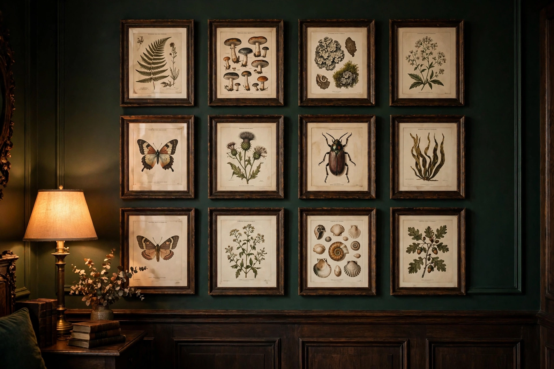 Dark academia living room wall with a grid of framed antique botanical and natural history prints.